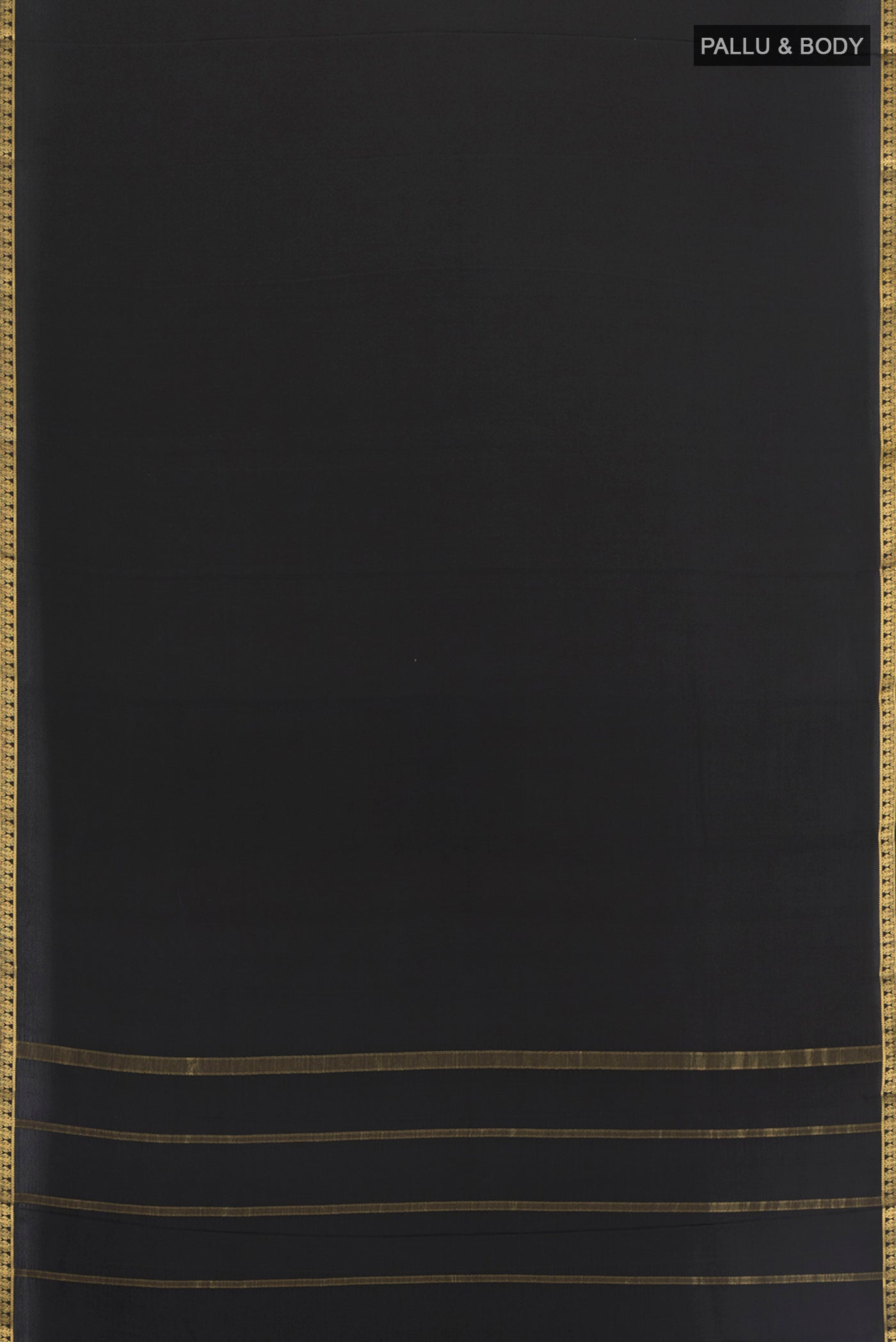 Flat view of Black Mysore Crepe Saree with Plain Body and Zari Border. 