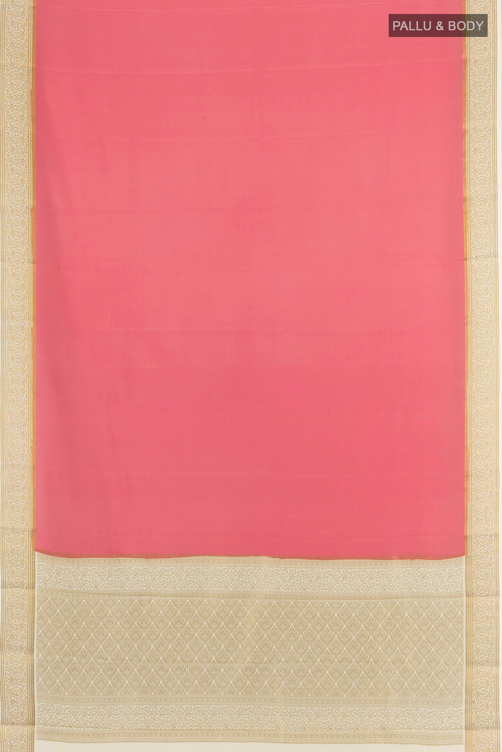 Flat view of Rose pink Mysore Crepe Saree with Plain Body and Zari Border. 