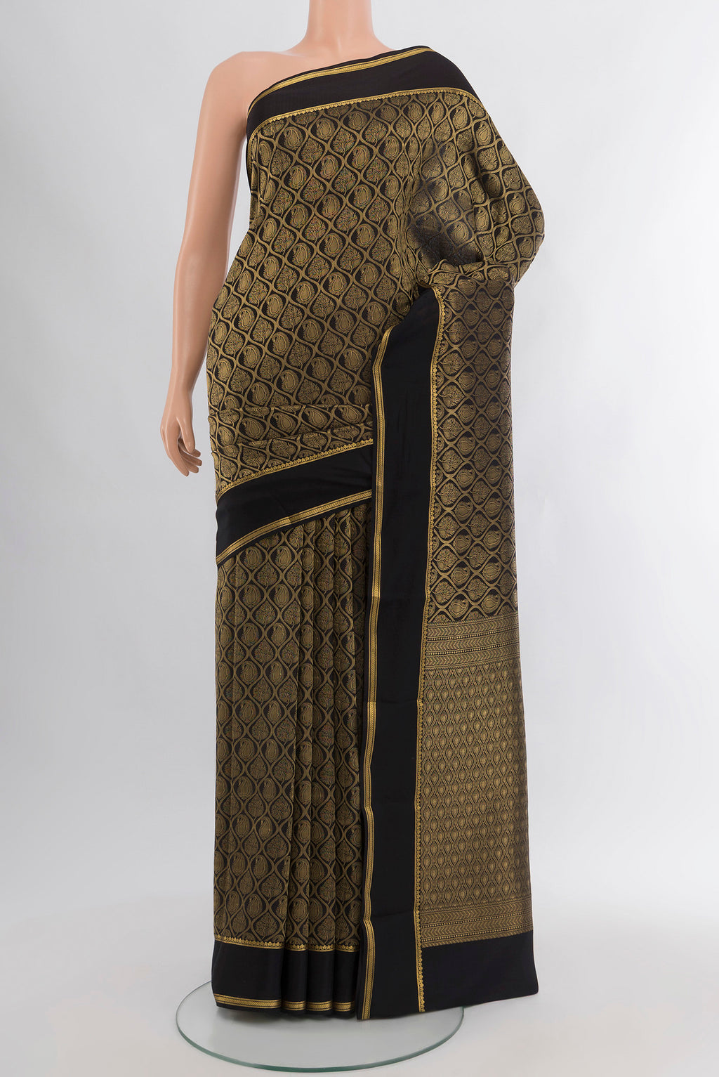 Black Mysore Crepe Saree with Zari Brocade on the body and Zari Border.  displayed on a mannequin