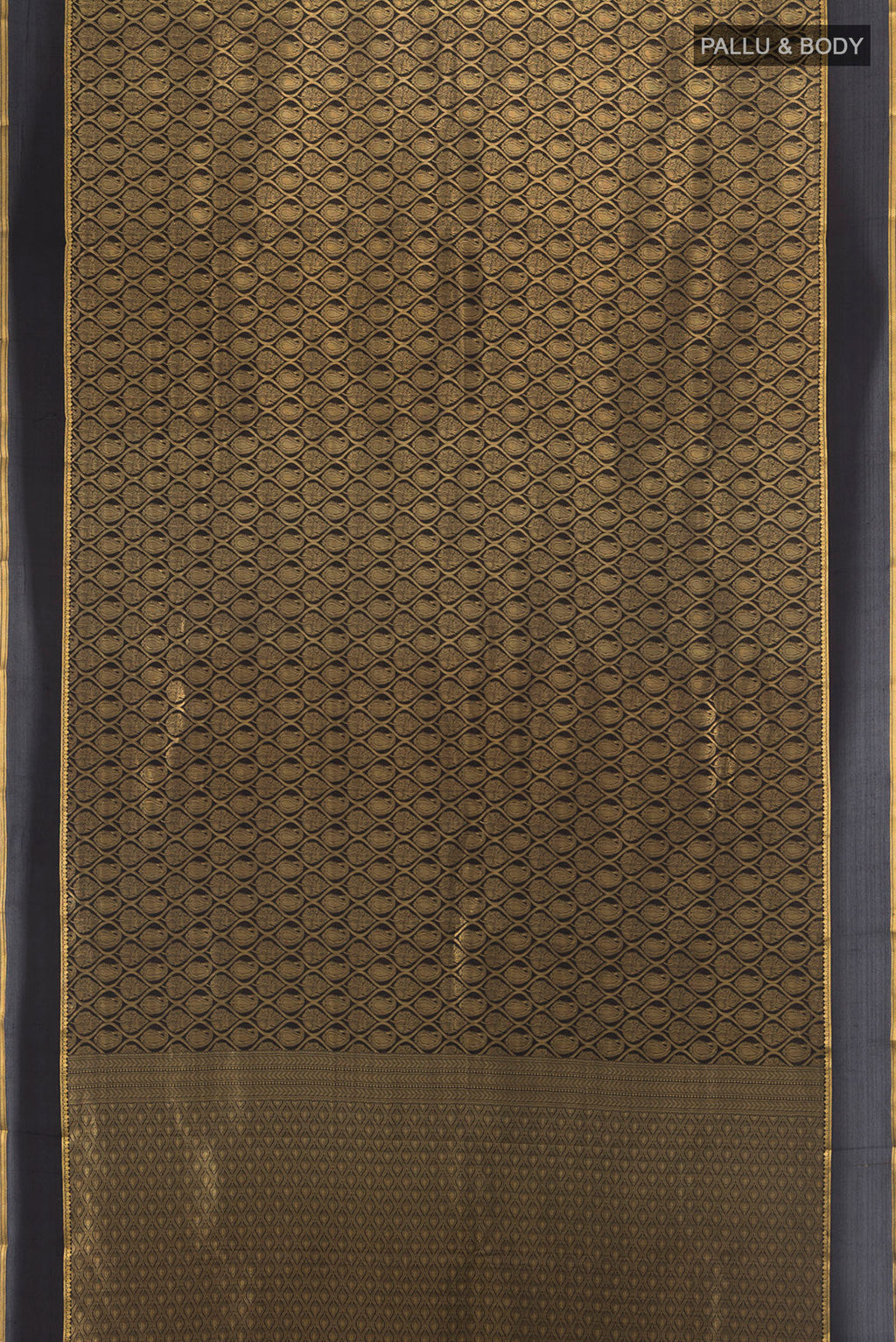 Flat view of Black Mysore Crepe Saree with Zari Brocade on the body and Zari Border. 