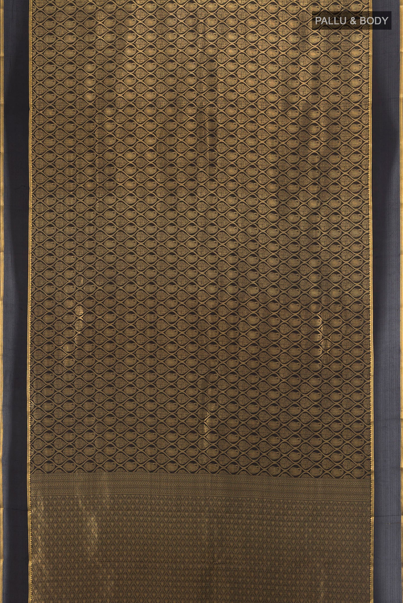 Flat view of Black Mysore Crepe Saree with Zari Brocade on the body and Zari Border. 