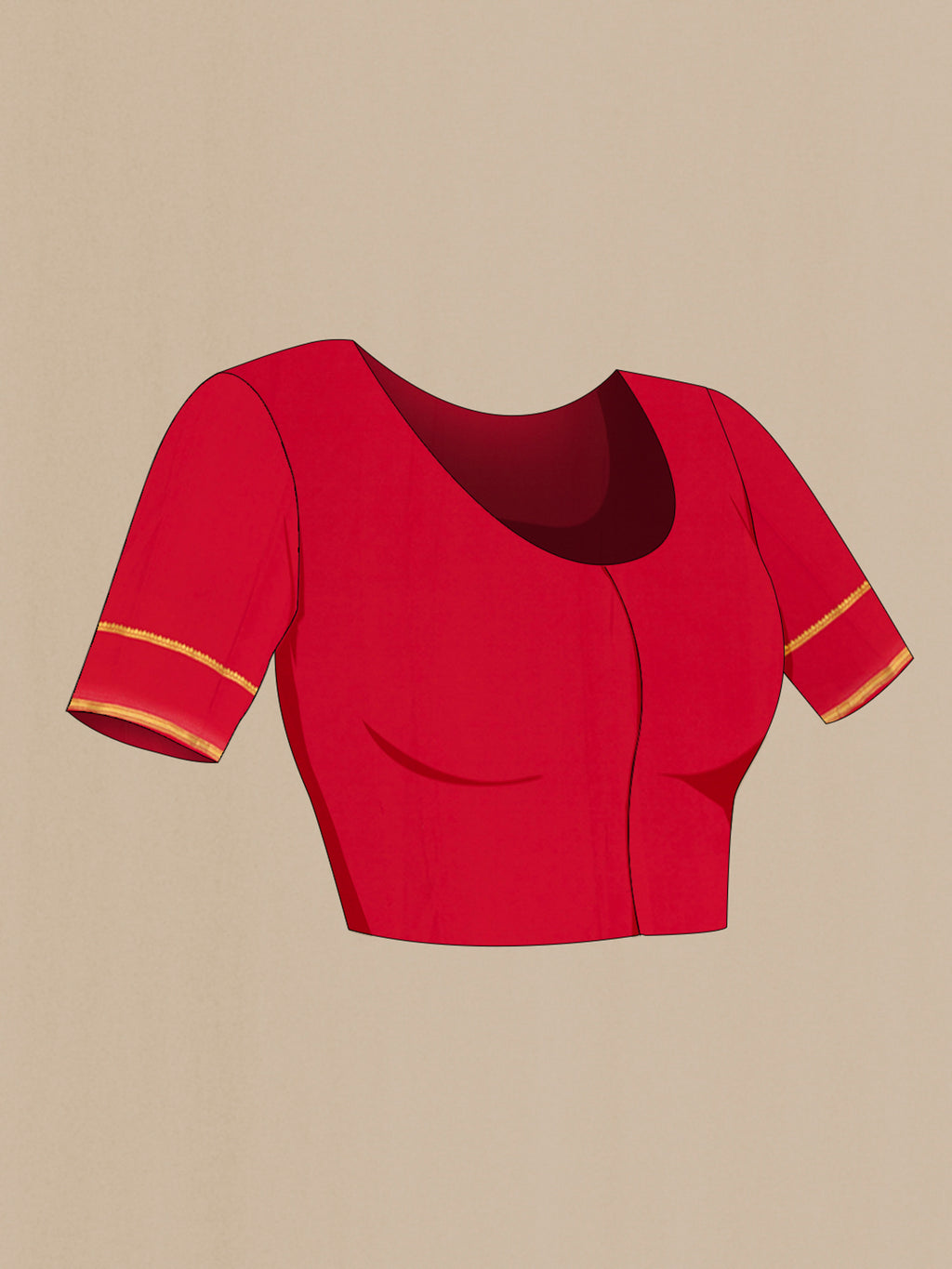 Close up image of the blouse of Red Mysore Crepe Saree with Zari Brocade on the body and Plain Border. 