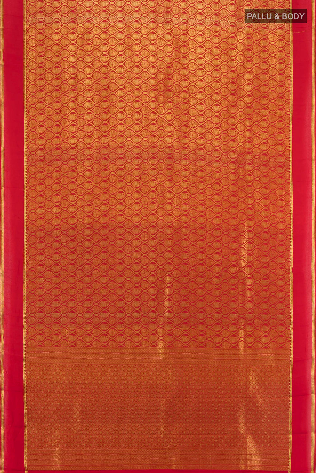 Flat view of Red Mysore Crepe Saree with Zari Brocade on the body and Plain Border. 