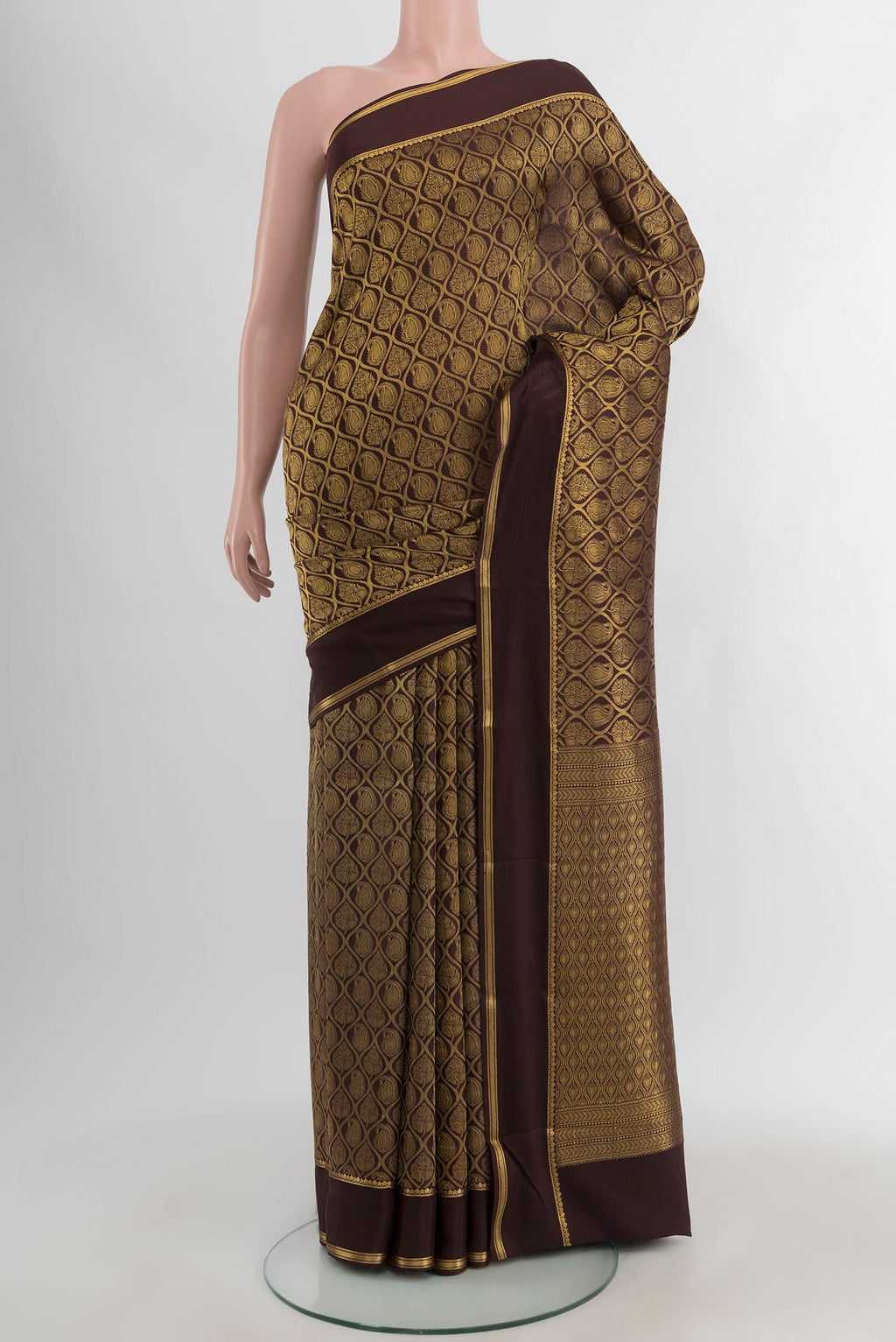 Coffee Brown Mysore Crepe Saree with Zari Brocade on the body and Plain Border.  displayed on a mannequin