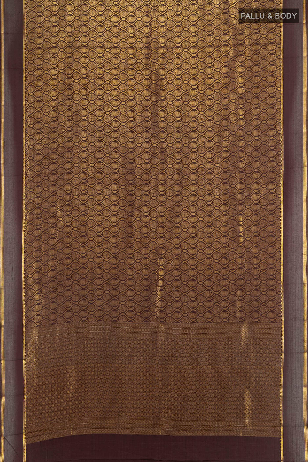 Flat view of Coffee Brown Mysore Crepe Saree with Zari Brocade on the body and Plain Border. 