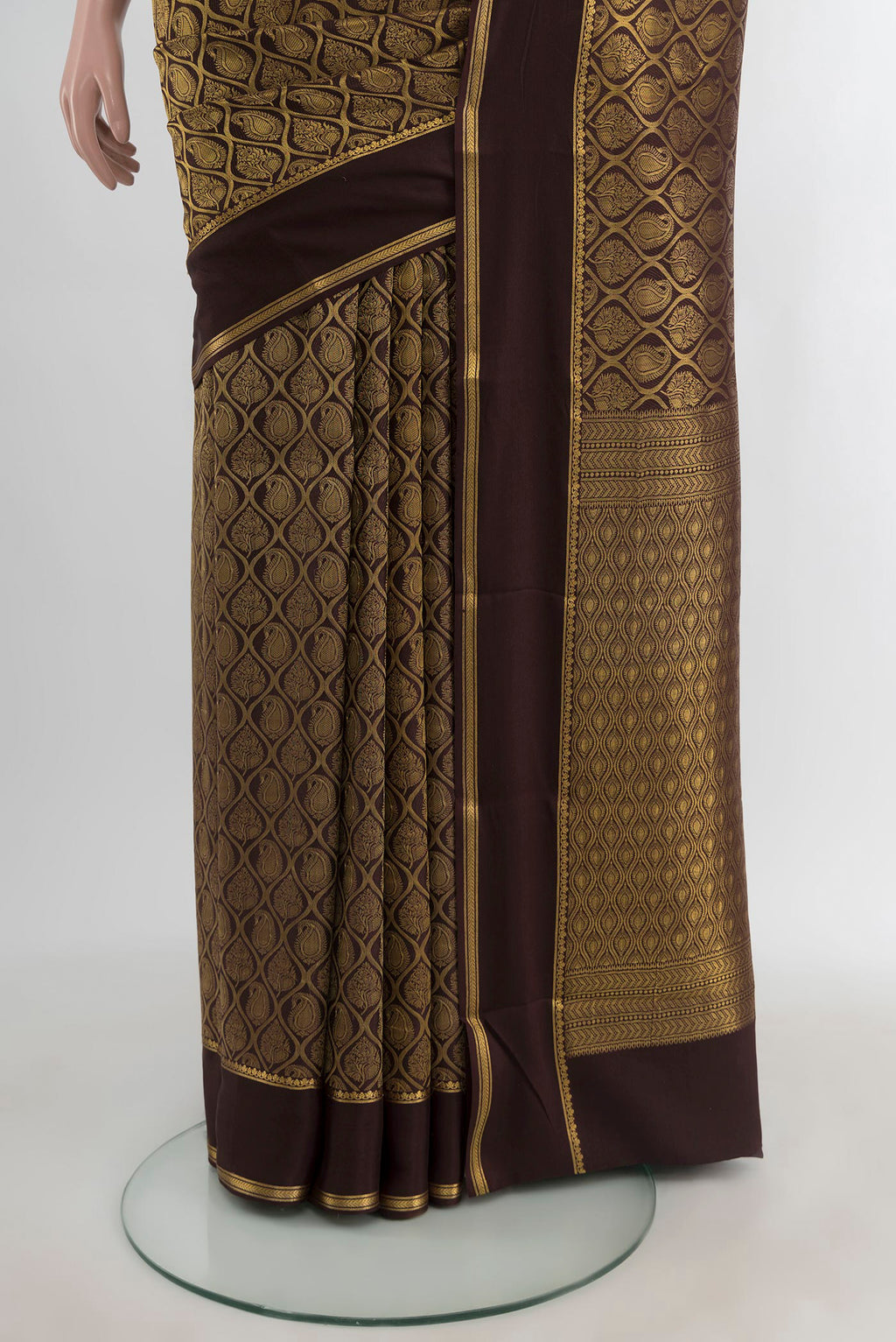 Pleats and pallu of Coffee Brown Mysore Crepe Saree with Zari Brocade on the body and Plain Border. 