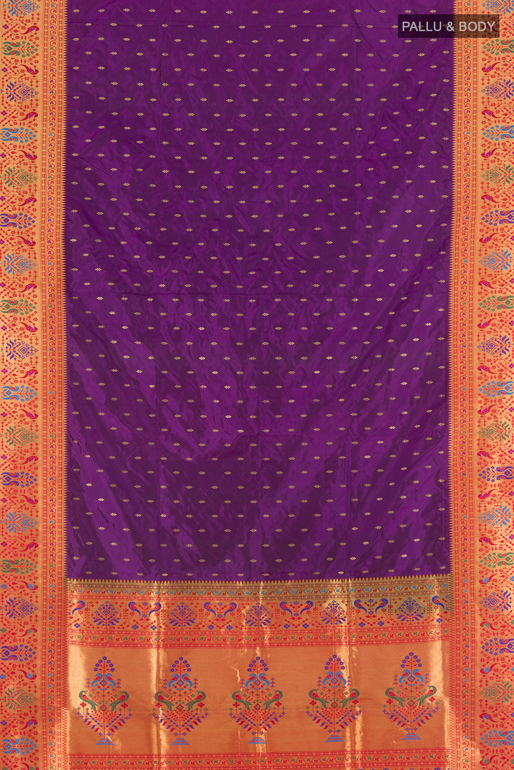 Flat view of Violet Soft Silk Saree with Zari Butta on the body and Paithani Border. 