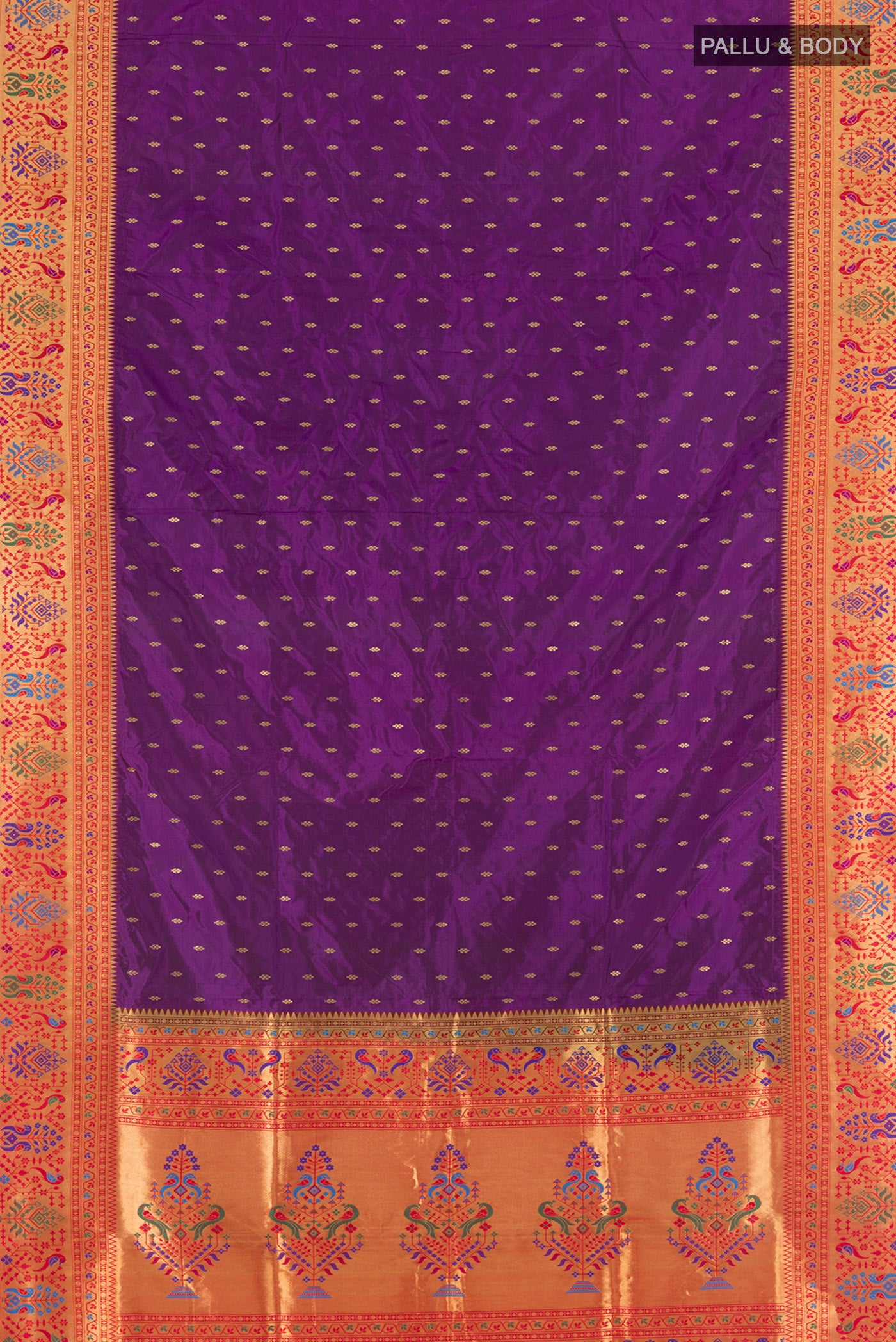 Flat view of Violet Soft Silk Saree with Zari Butta on the body and Paithani Border. 