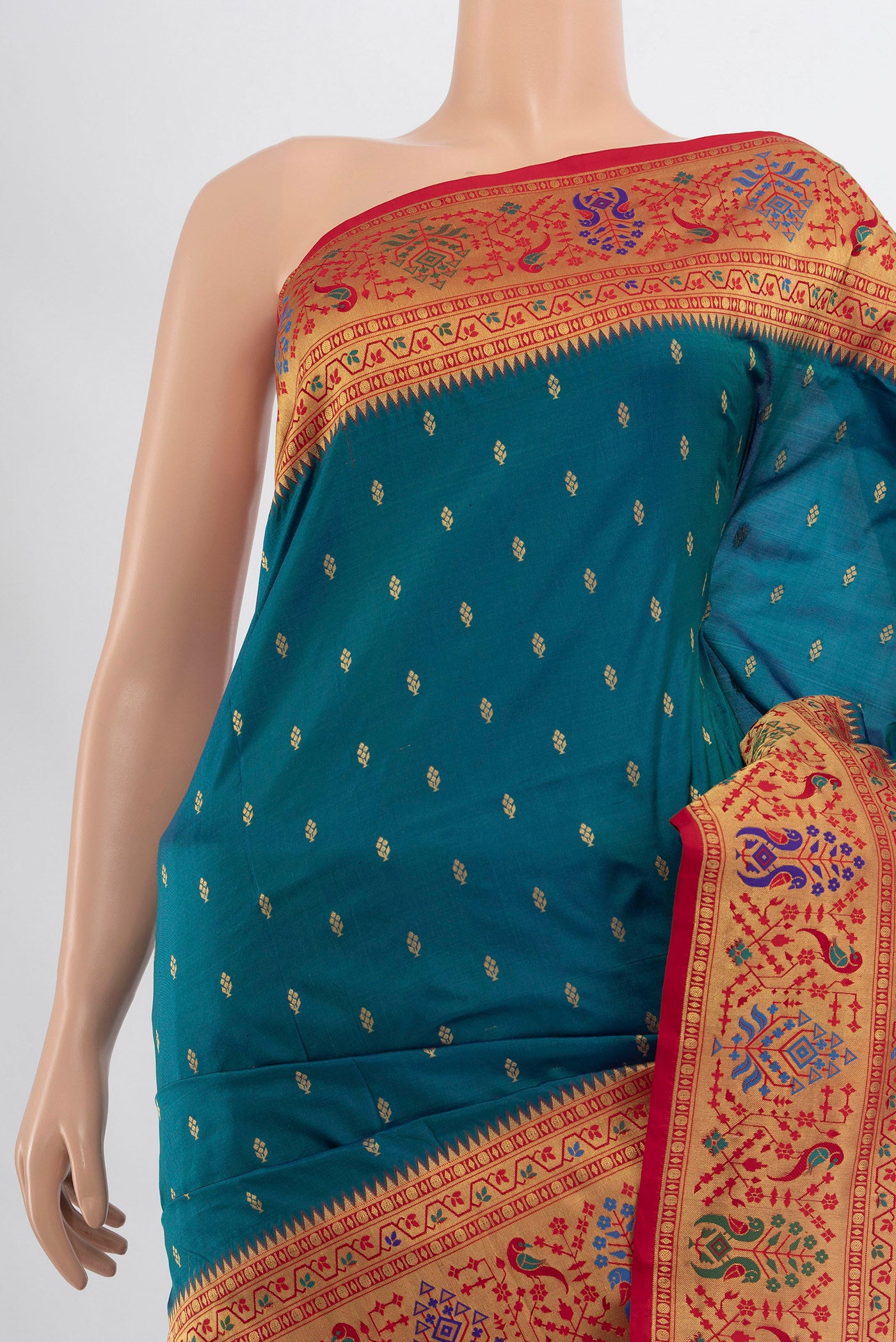 Border image of Peacock Blue Soft Silk Saree with Zari Butta on the body and Silk Border. 