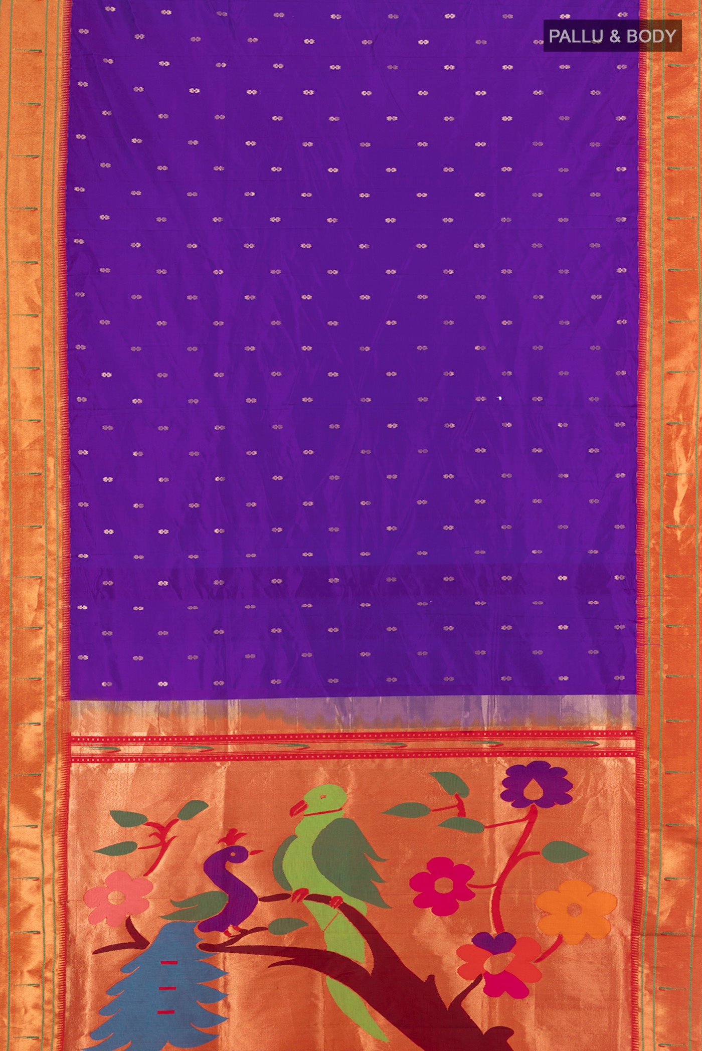 Flat view of Violet Soft Silk Saree with Zari Butta on the body and Silk Border. 