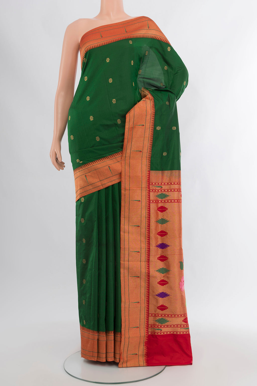 Bottle Green Paithani Silk Saree with Zari Butta on the body and Paithani Border.  displayed on a mannequin