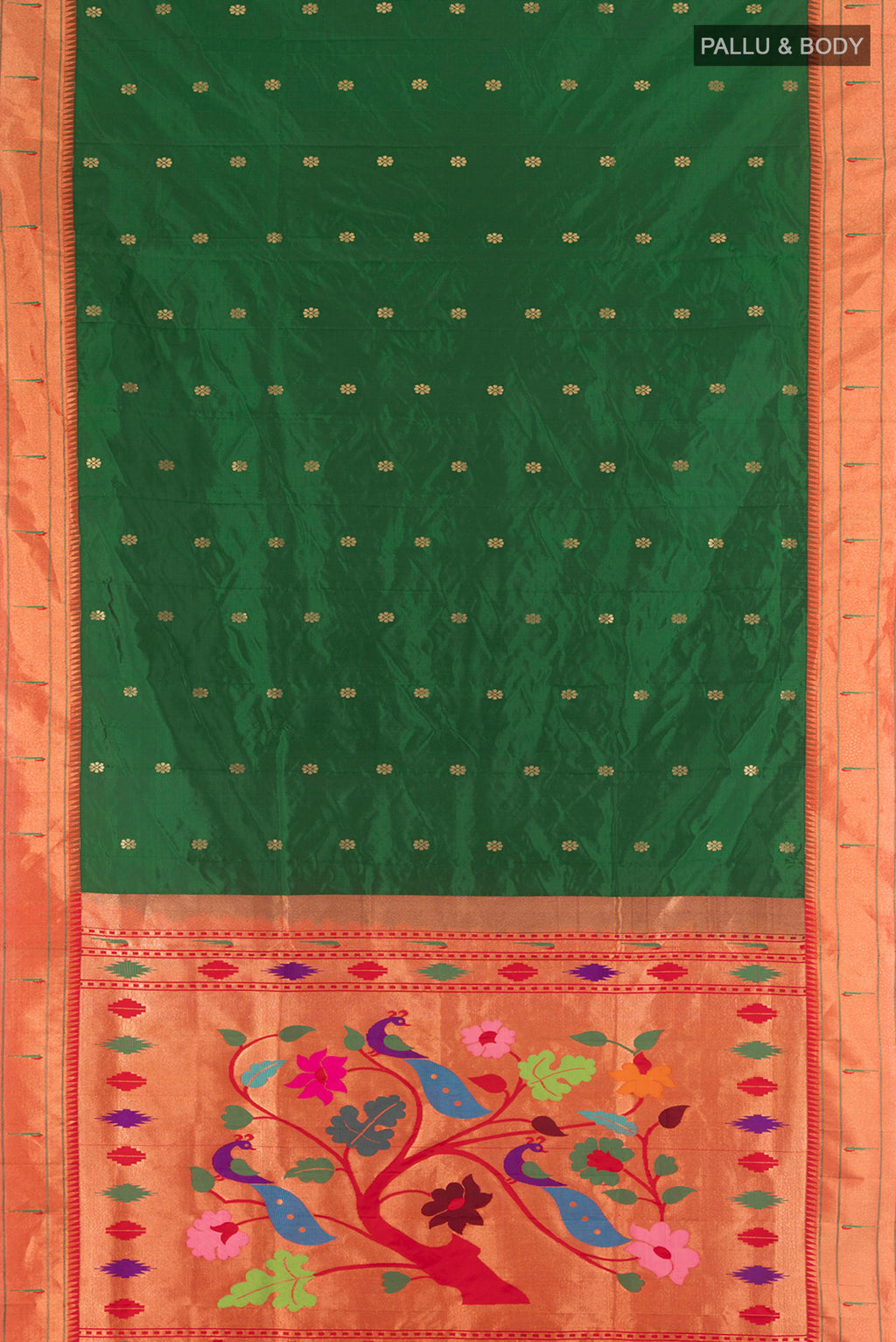 Flat view of Bottle Green Paithani Silk Saree with Zari Butta on the body and Paithani Border. 