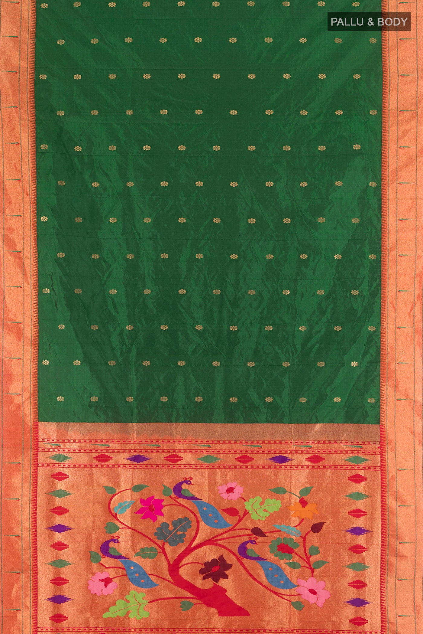 Flat view of Bottle Green Paithani Silk Saree with Zari Butta on the body and Paithani Border. 