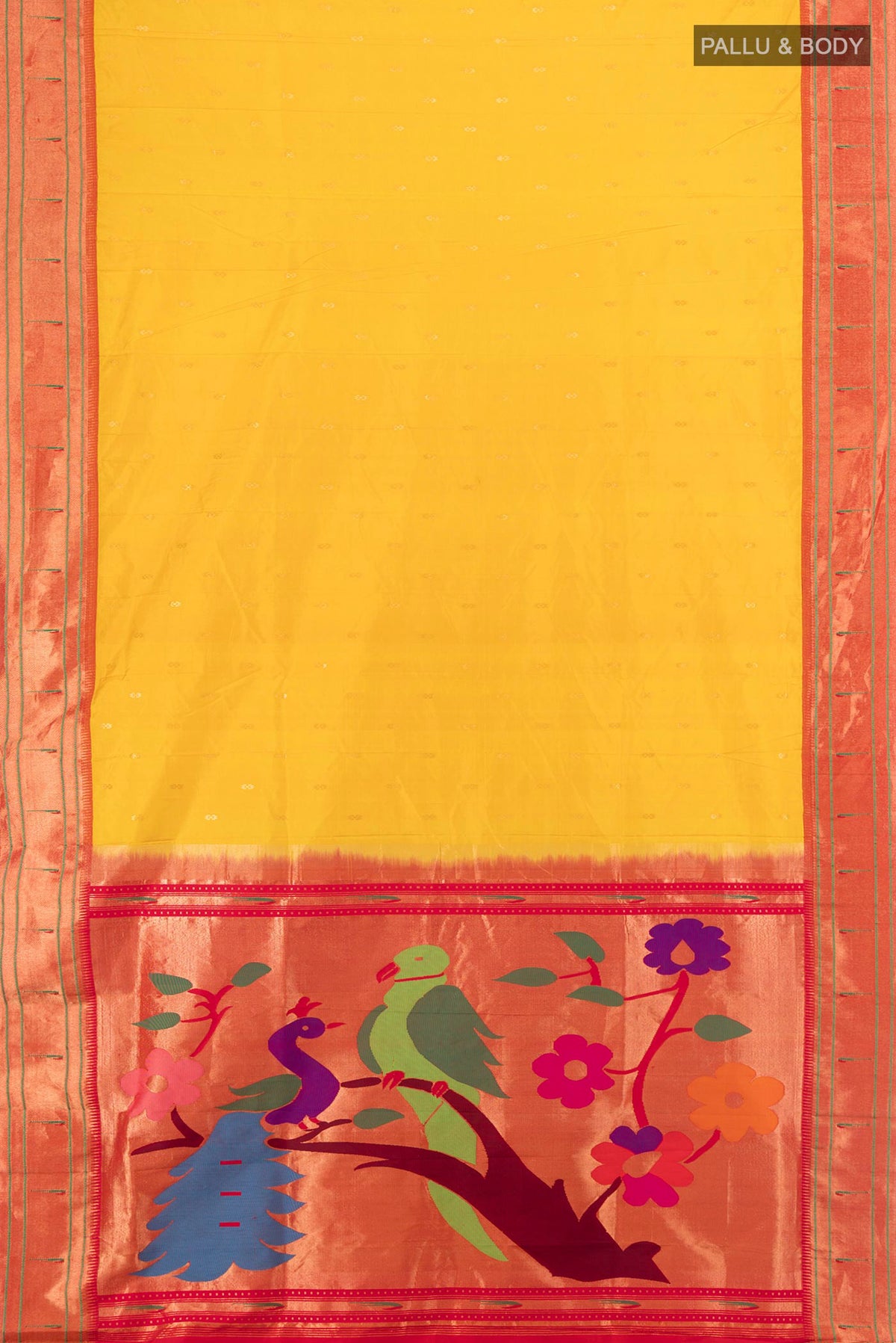 Flat view of Mustard Paithani Silk Saree with Zari Butta on the body and Paithani Border. 