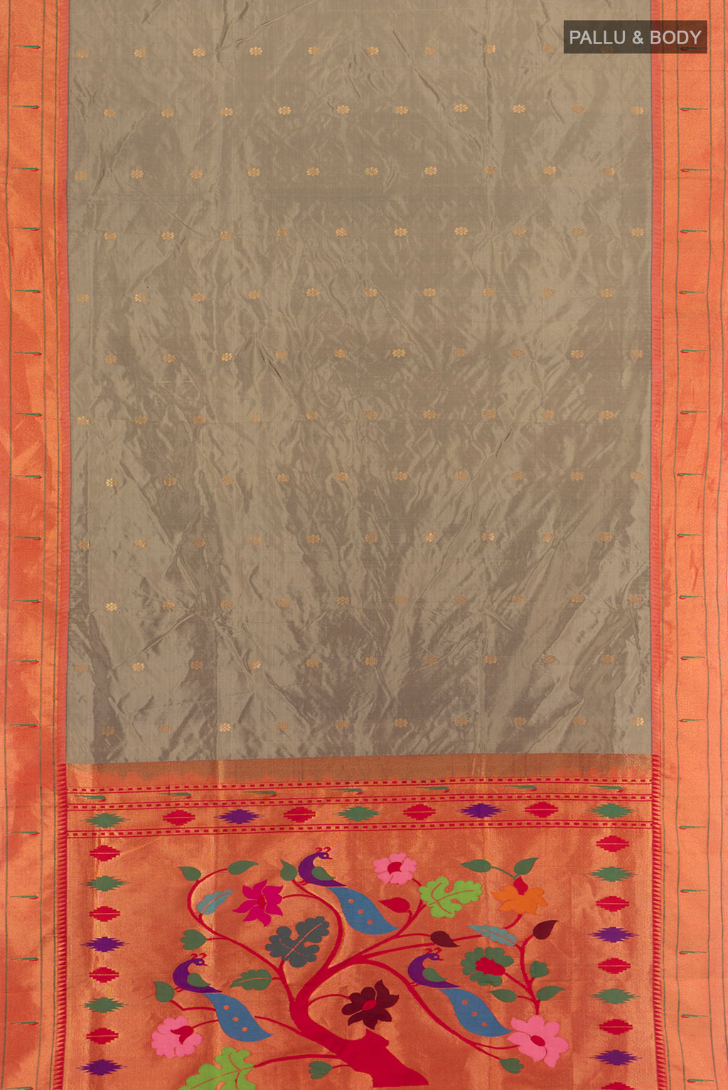 Flat view of Beige Soft Silk Saree with Zari Butta on the body and Silk Border. 