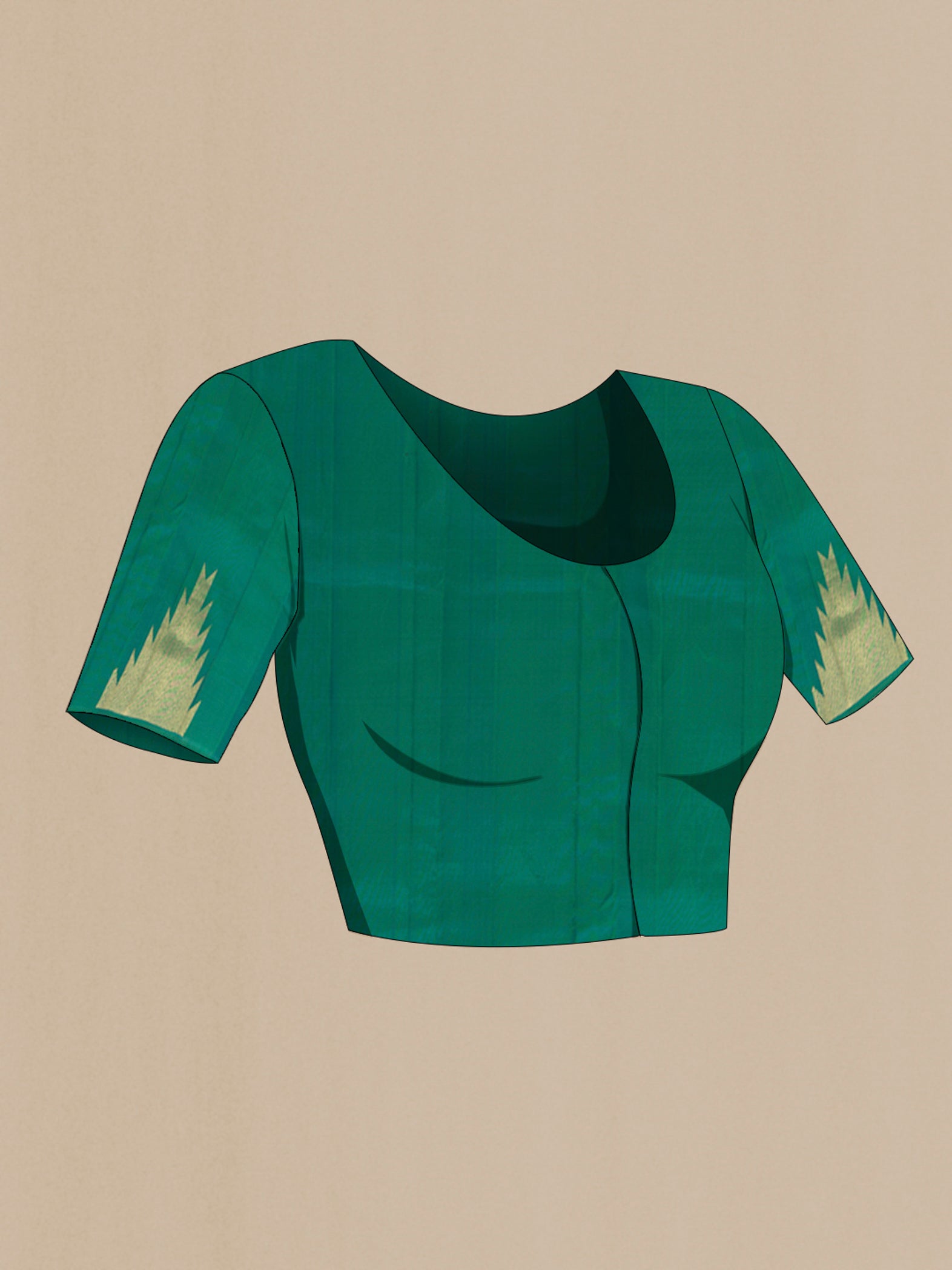 Close up image of the blouse of Green Kanjivaram Silk Saree with Plain Body and Temple Border. 