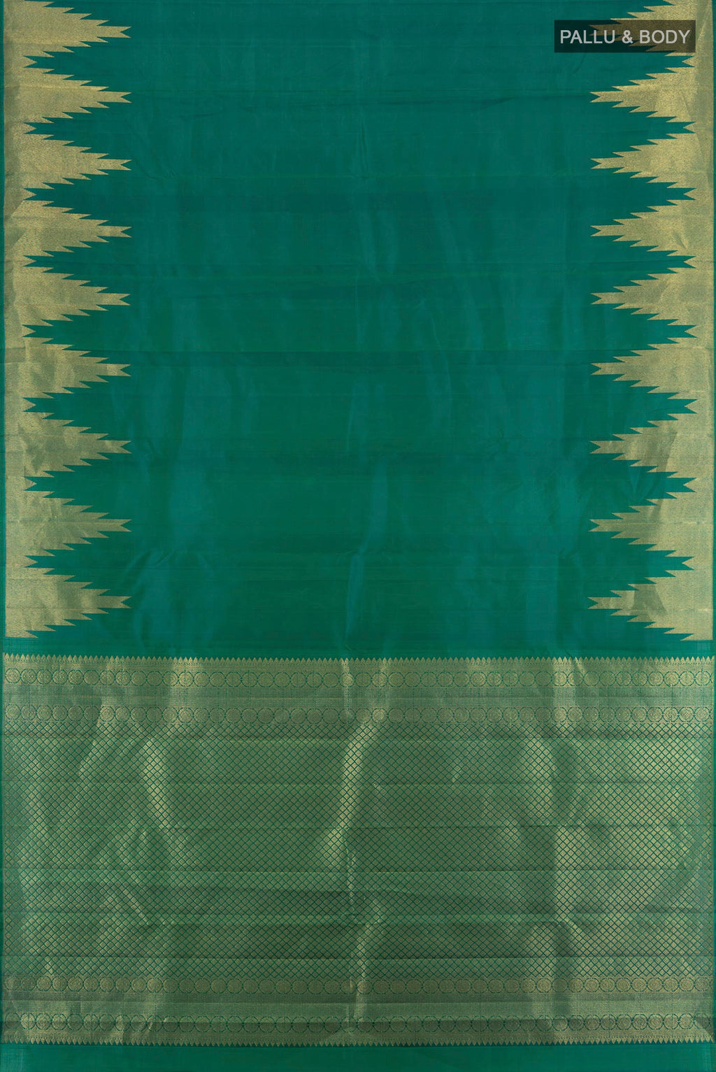 Flat view of Green Kanjivaram Silk Saree with Plain Body and Temple Border. 