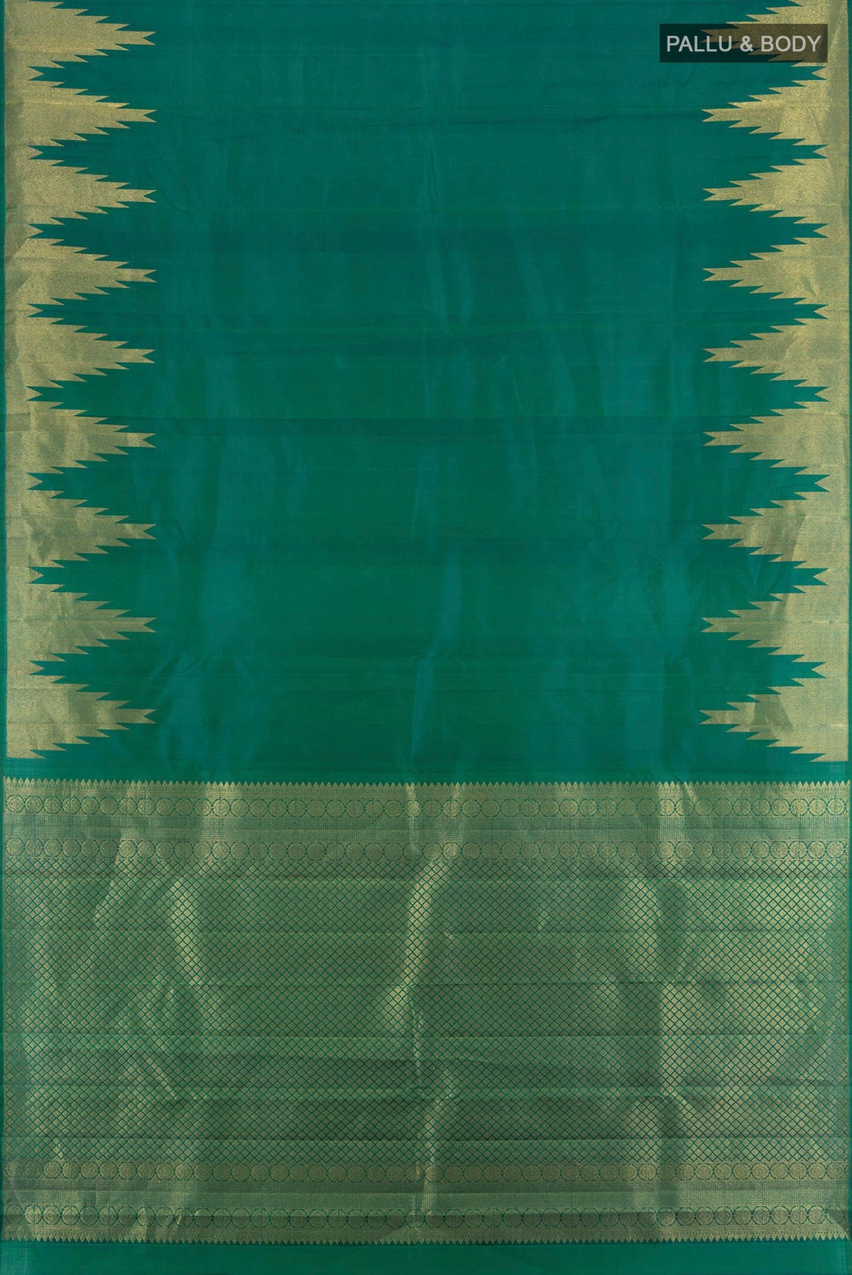 Flat view of Green Kanjivaram Silk Saree with Plain Body and Temple Border. 