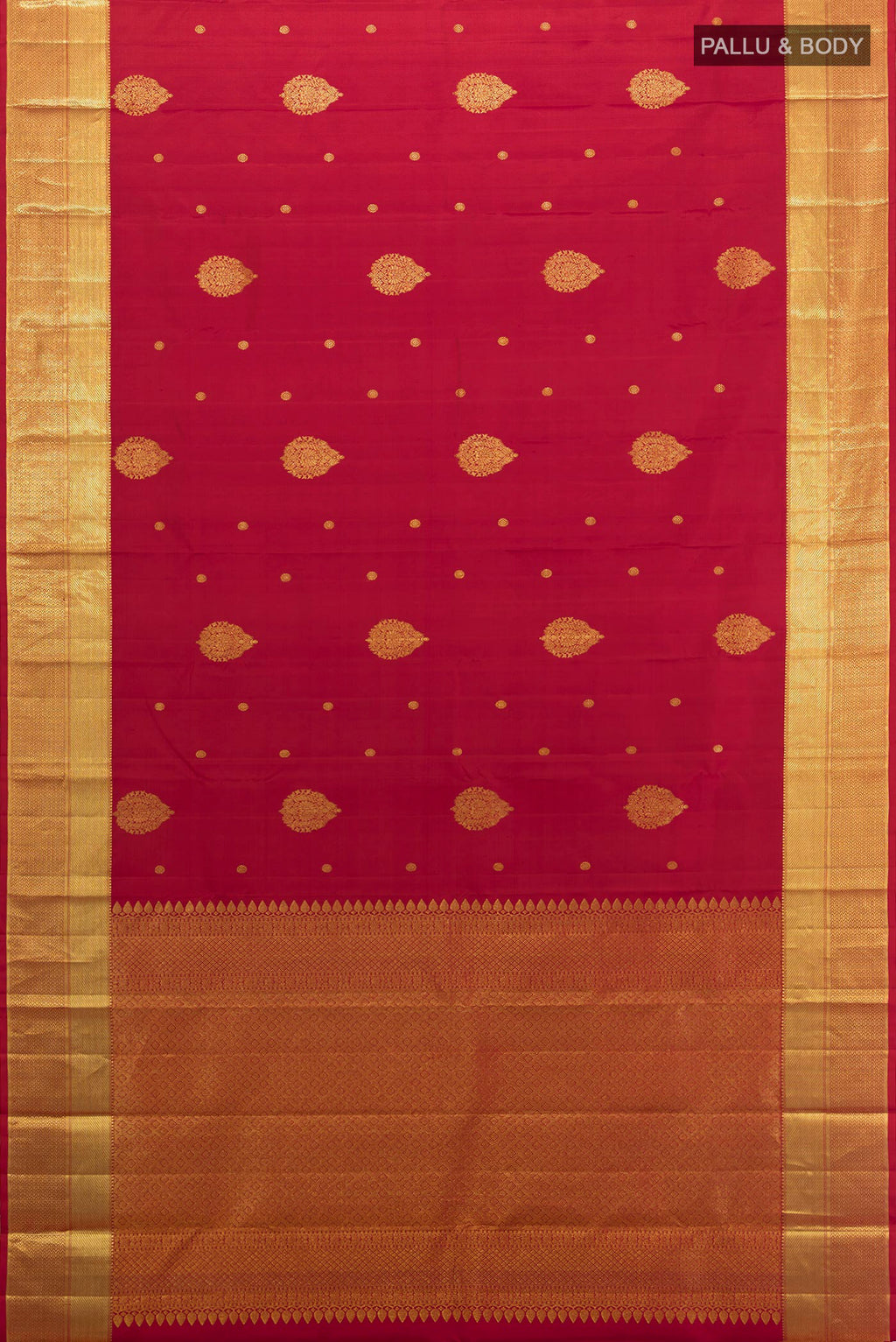 Flat view of Maroon Kanjivaram Silk Saree with Zari Butta on the body and Zari Border. 