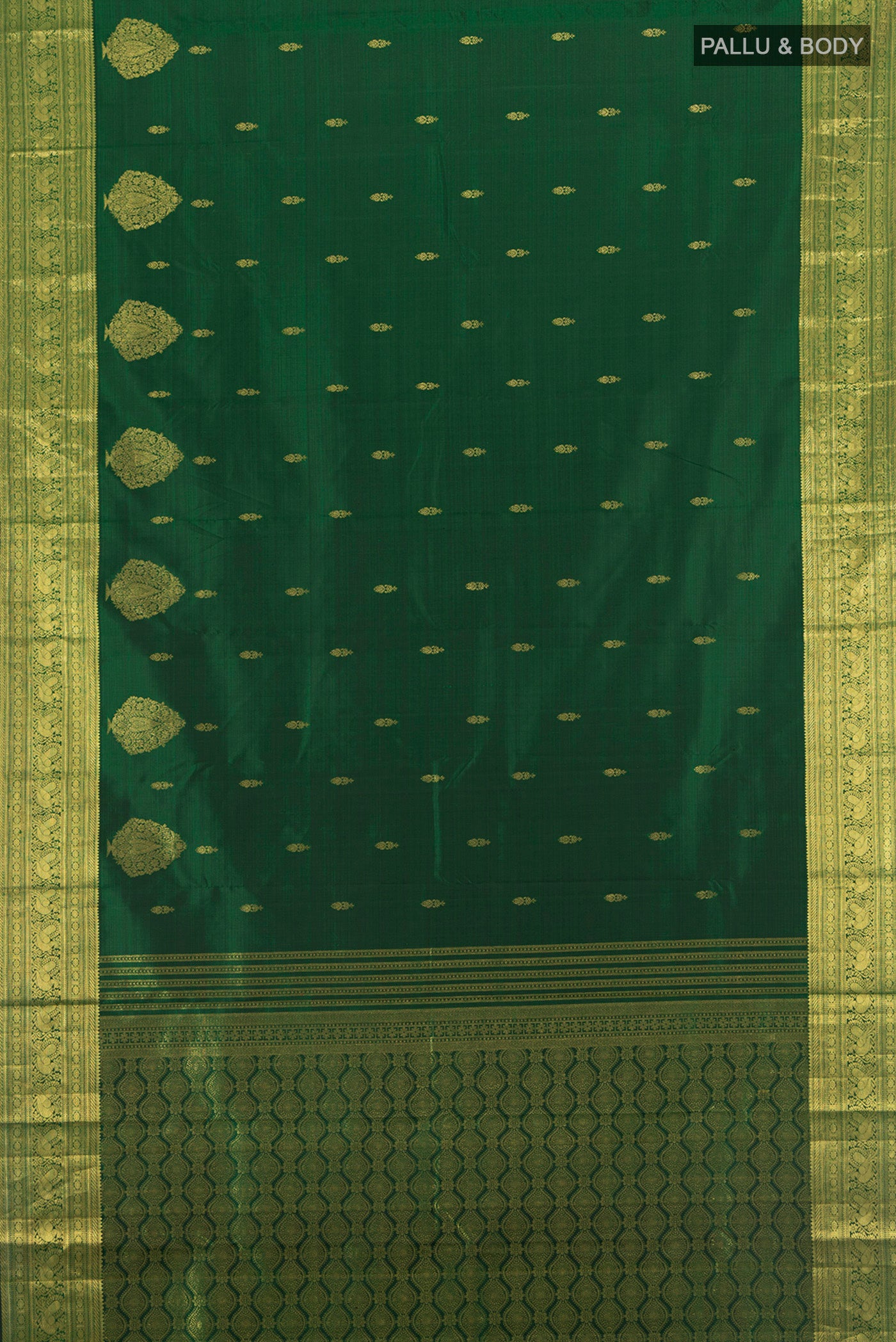 Flat view of Bottle Green Kanjivaram Silk Saree with Zari Butta on the body and Zari Border. 