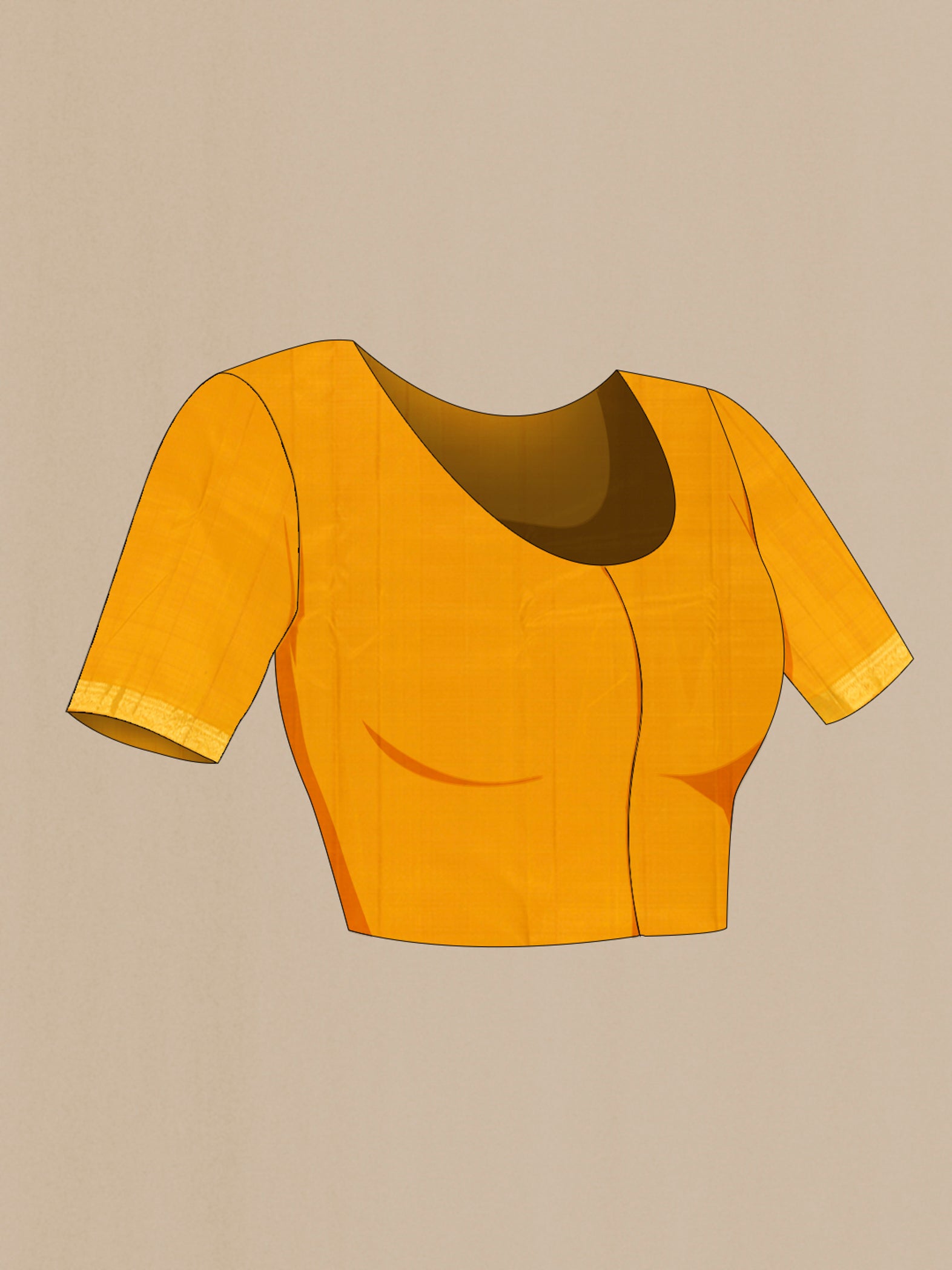 Close up image of the blouse of Mustard Kanchipuram Silk Saree with Zari Butta on the body and Zari Border. 