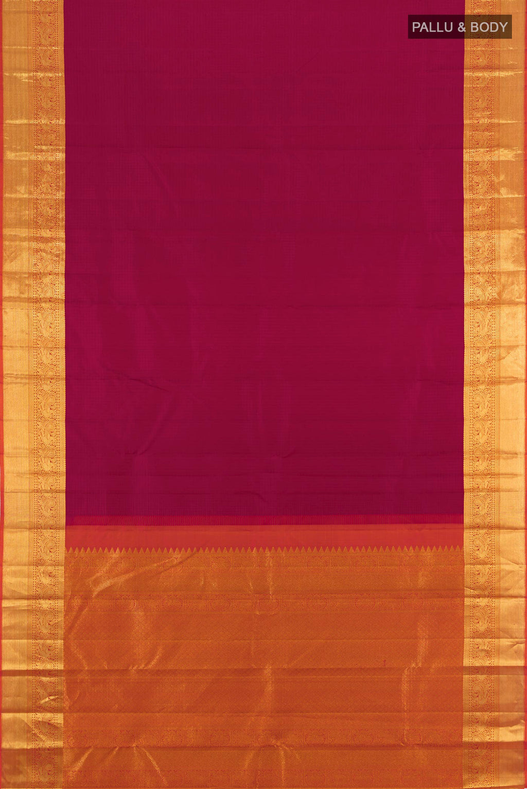 Flat view of Maroon Kanjivaram Silk Saree with Checked design on the body and Zari Border. 