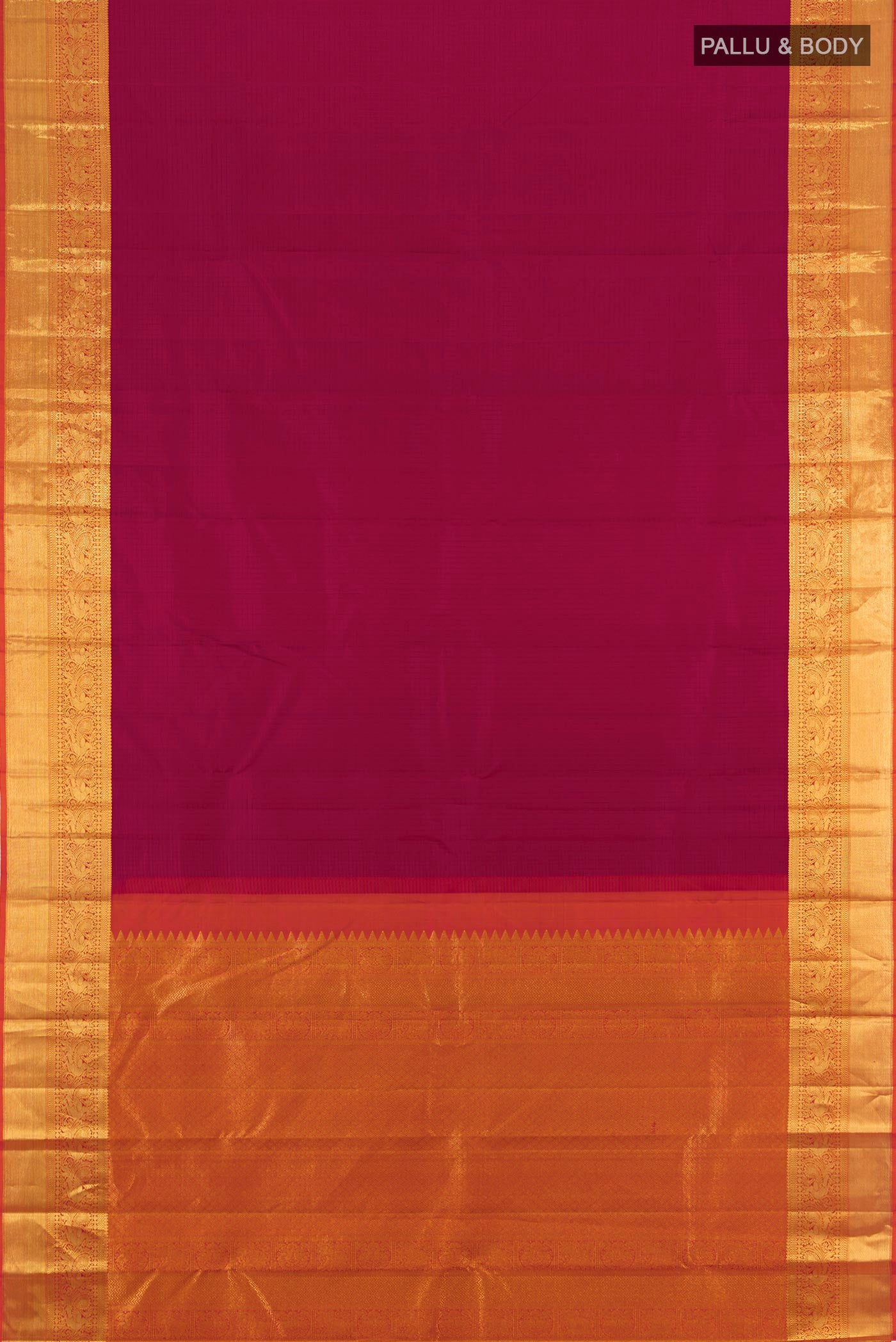Flat view of Maroon Kanjivaram Silk Saree with Checked design on the body and Zari Border. 