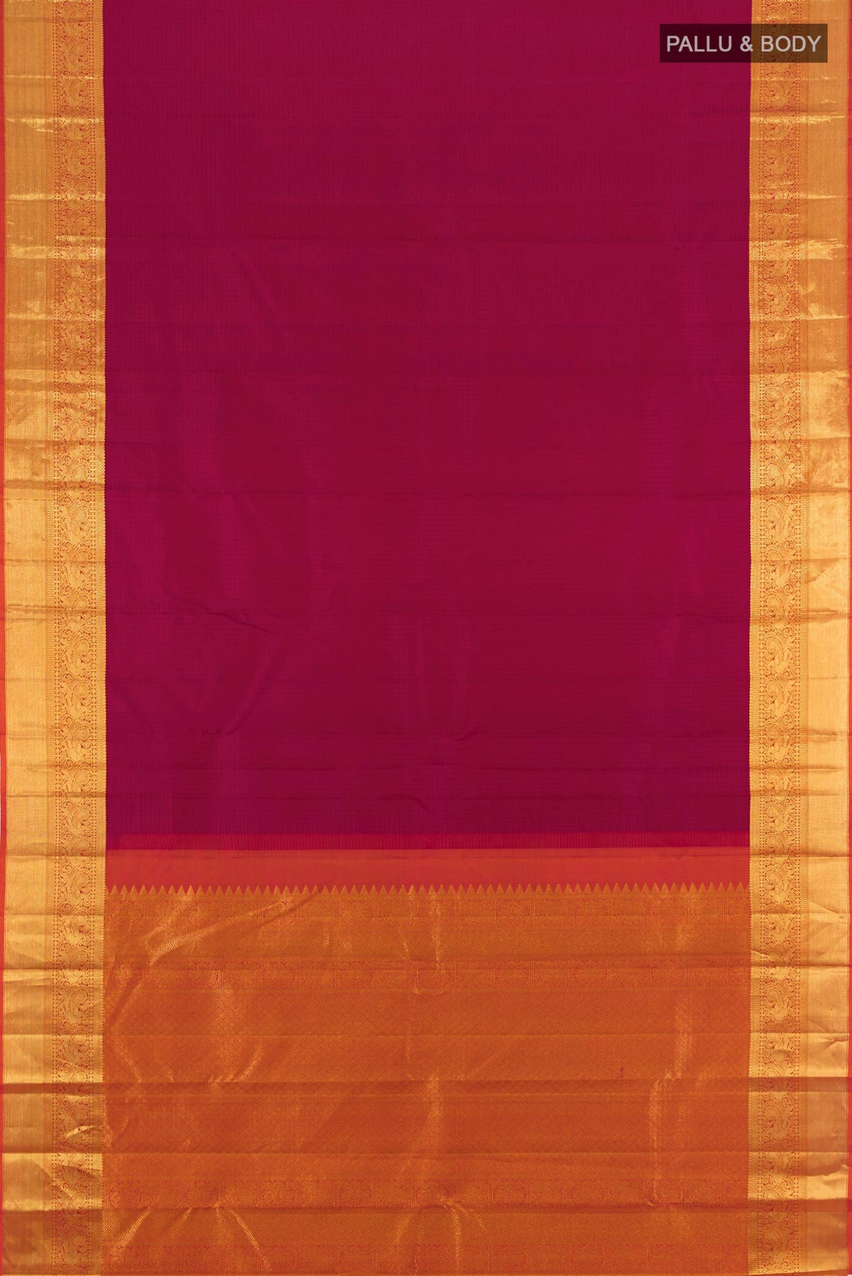 Flat view of Maroon Kanjivaram Silk Saree with Checked design on the body and Zari Border. 