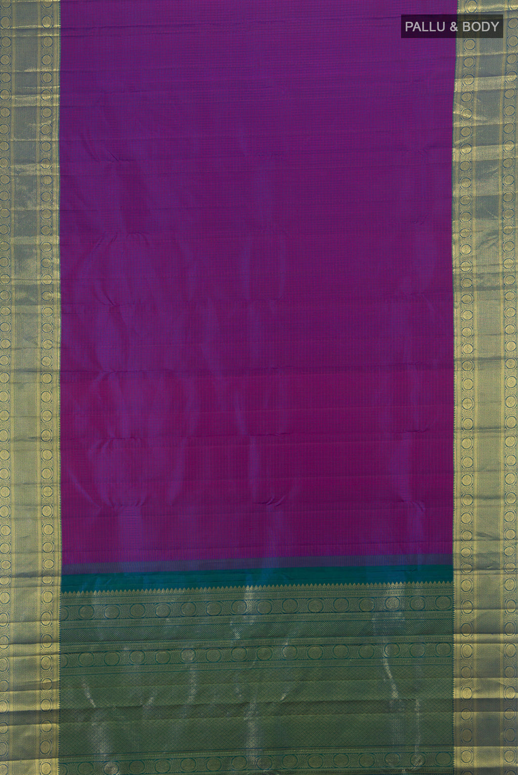 Flat view of Purple Kanjivaram Silk Saree with Checked design on the body and Zari Border. 
