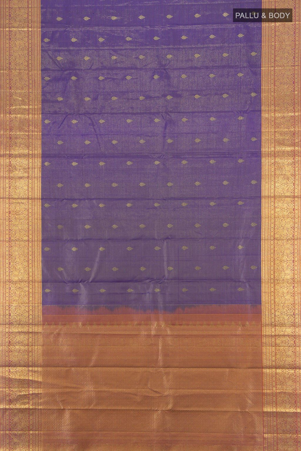 Flat view of Violet Kanjivaram Silk Saree with Zari Butta on the body and Zari Border. 