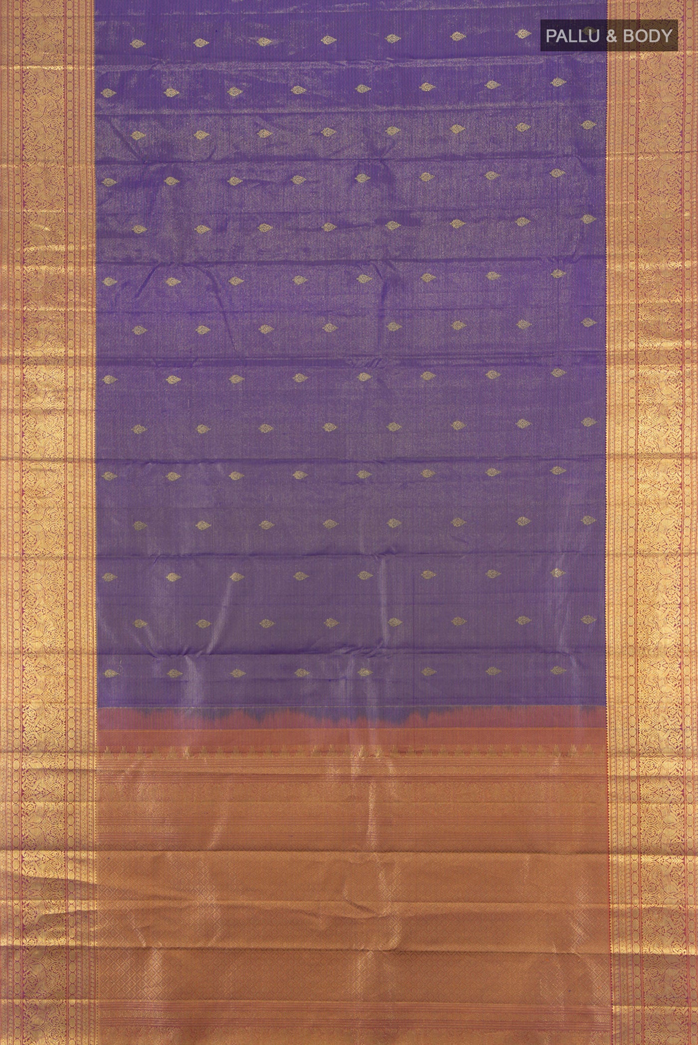 Flat view of Violet Kanjivaram Silk Saree with Zari Butta on the body and Zari Border. 