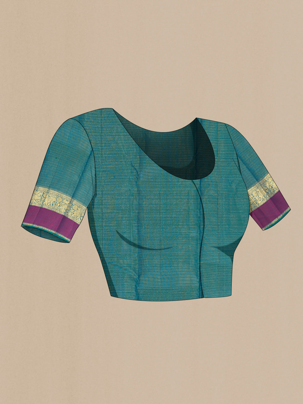 Close up image of the blouse of Peacock Blue Kanjivaram Silk Saree with Zari Butta on the body and Zari Border. 