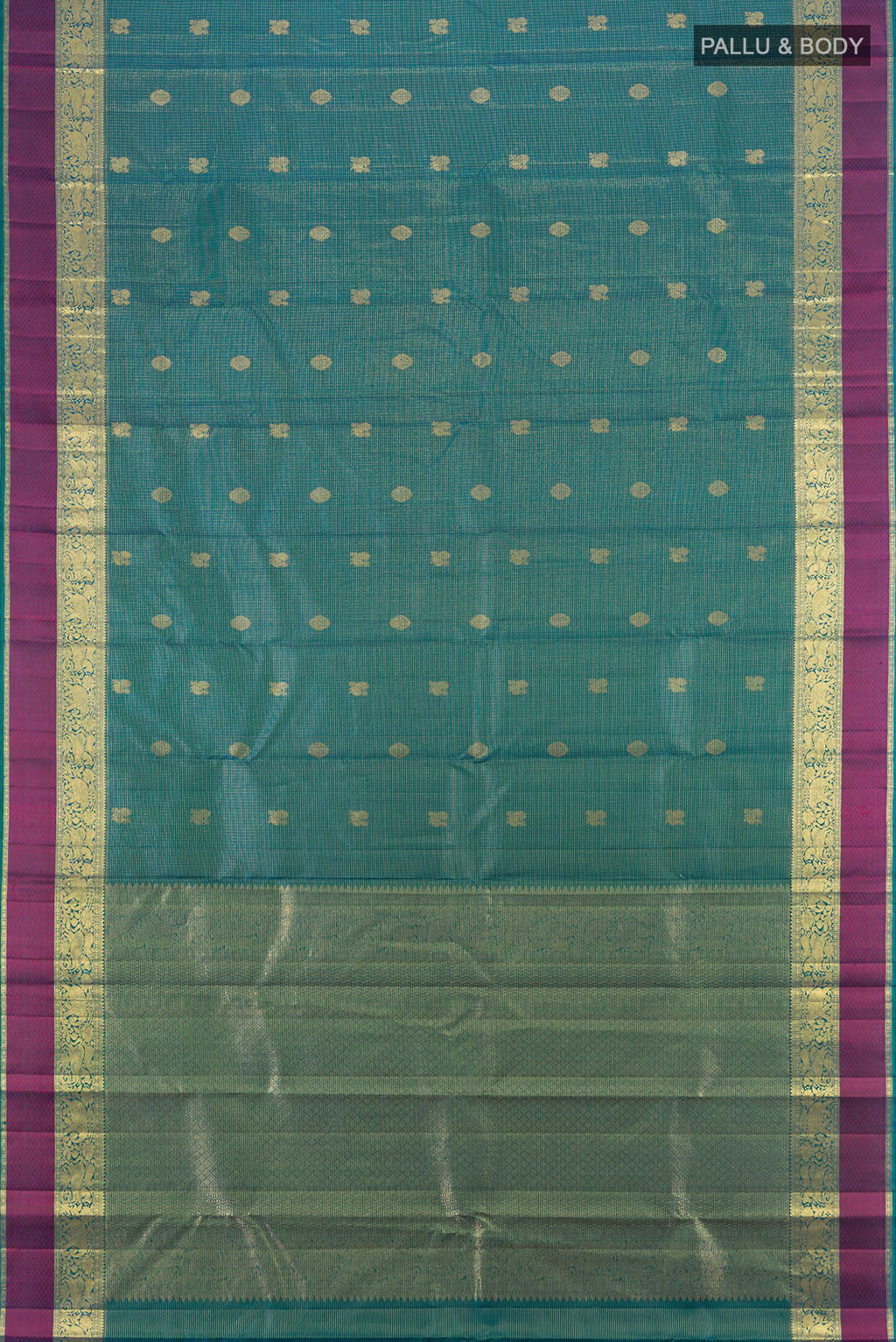 Flat view of Peacock Blue Kanjivaram Silk Saree with Zari Butta on the body and Zari Border. 