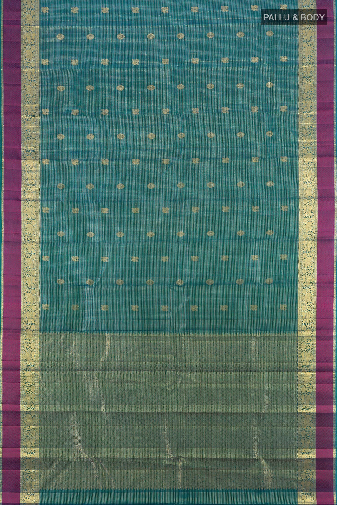 Flat view of Peacock Blue Kanjivaram Silk Saree with Zari Butta on the body and Zari Border. 