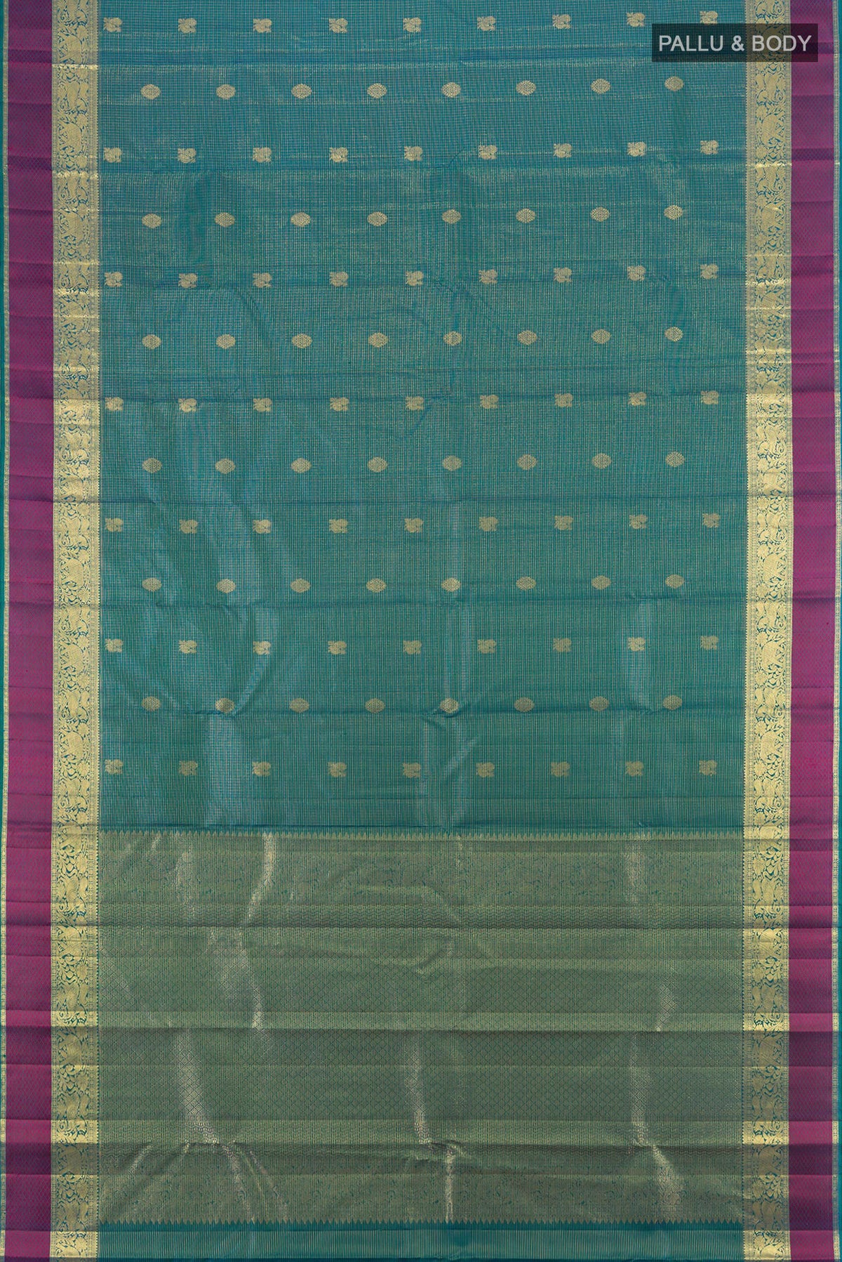 Flat view of Peacock Blue Kanjivaram Silk Saree with Zari Butta on the body and Zari Border. 