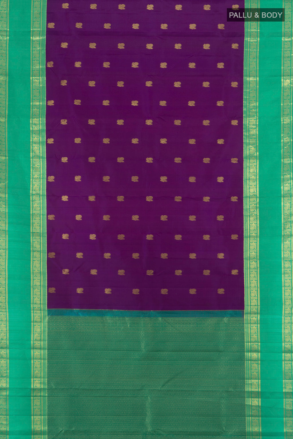 Flat view of Violet Kanjivaram Silk Saree with Zari Butta on the body and Zari Border. 