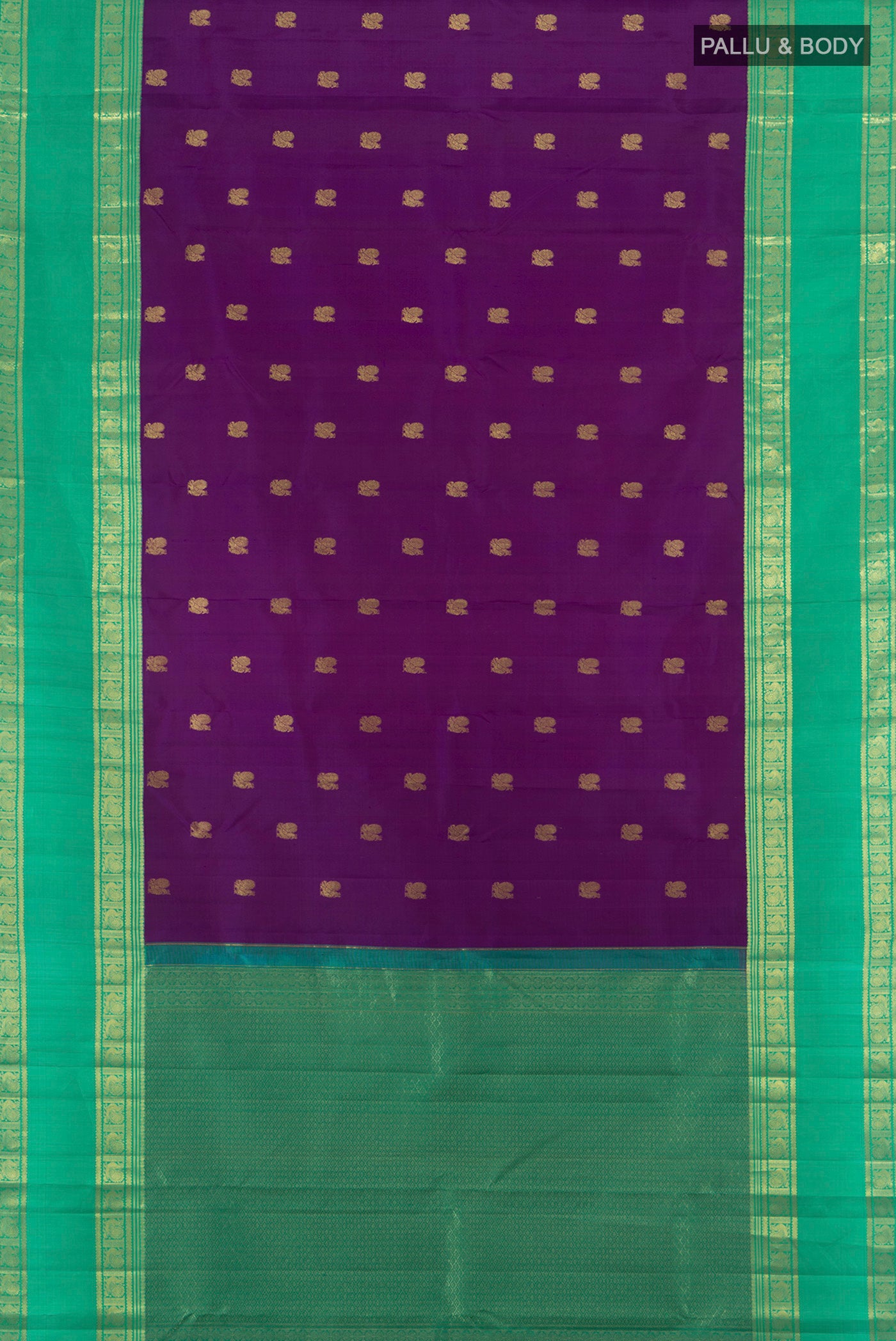 Flat view of Violet Kanjivaram Silk Saree with Zari Butta on the body and Zari Border. 
