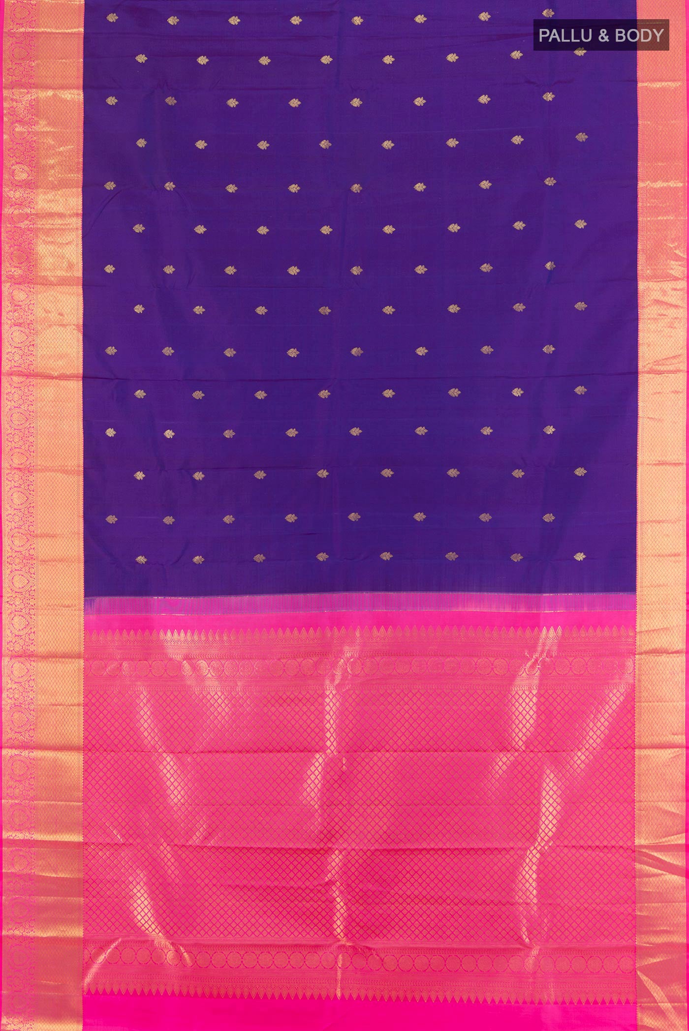 Flat view of Pure Silk Violet Kanjivaram Saree with Zari Butta on the body and Zari Border. 