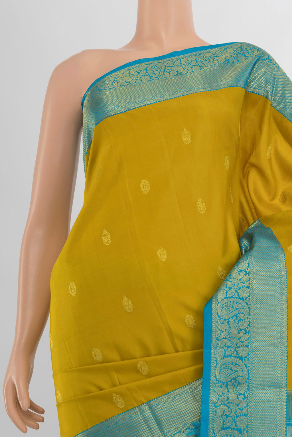 Border image of Pure Silk Yellow Kanjivaram Saree with Zari Butta on the body and Silk Border. 