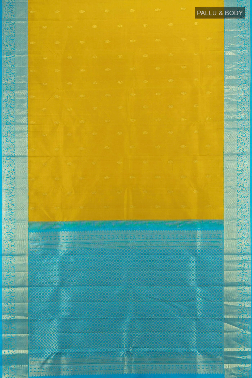 Flat view of Pure Silk Yellow Kanjivaram Saree with Zari Butta on the body and Silk Border. 