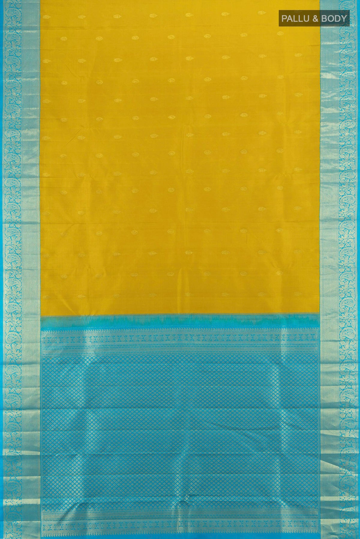 Flat view of Pure Silk Yellow Kanjivaram Saree with Zari Butta on the body and Silk Border. 