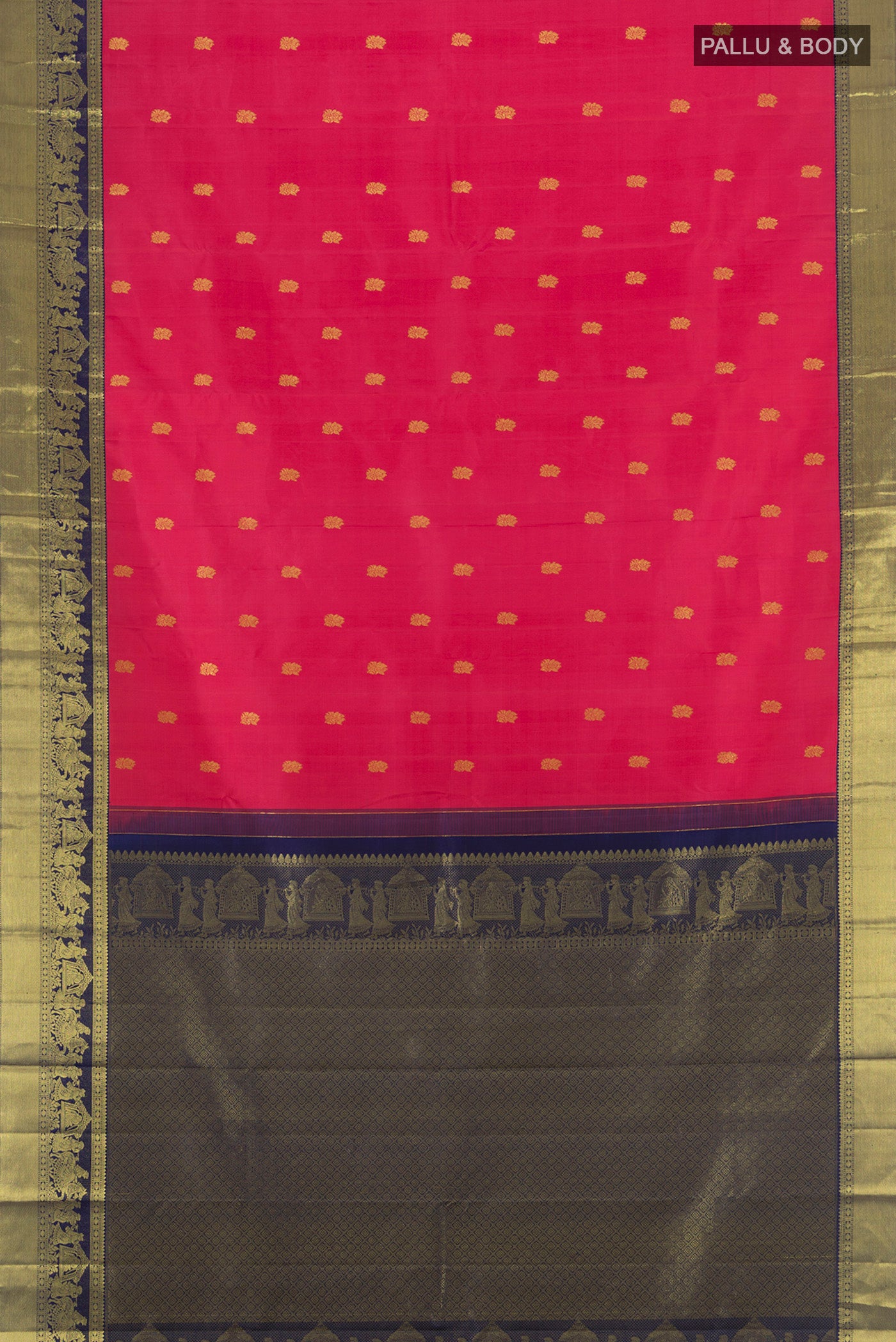 Flat view of Pink Kanjivaram Silk Saree with Zari Butta on the body and Zari Border. 
