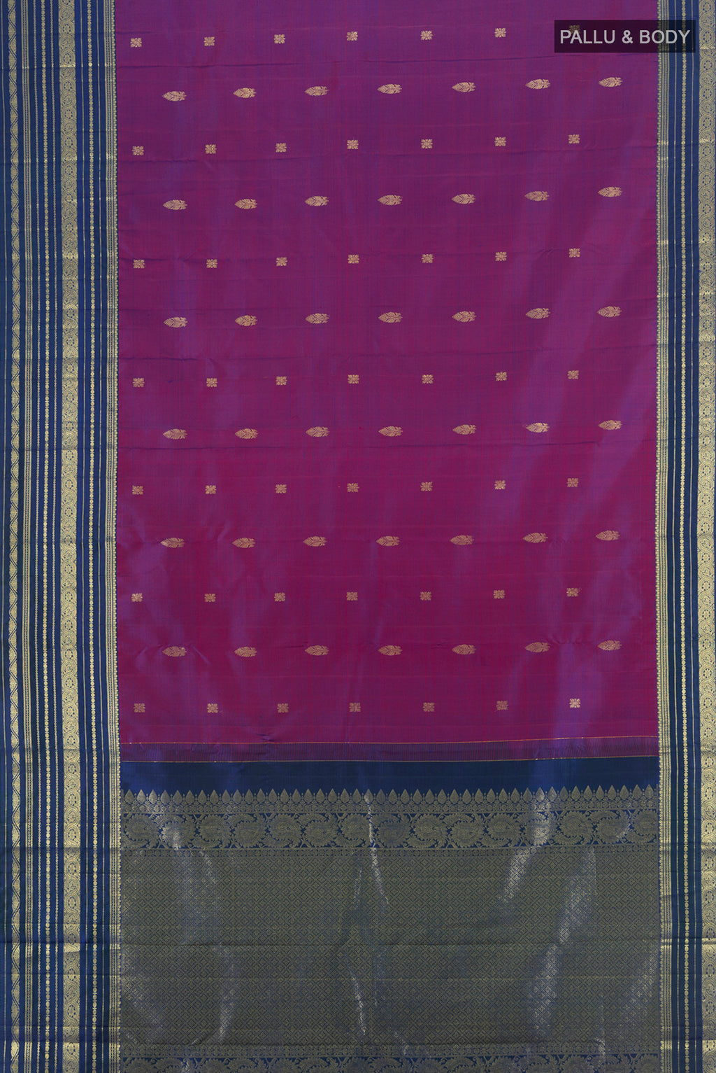 Flat view of Purple Kanjivaram Silk Saree with Zari Butta on the body and Zari Border. 
