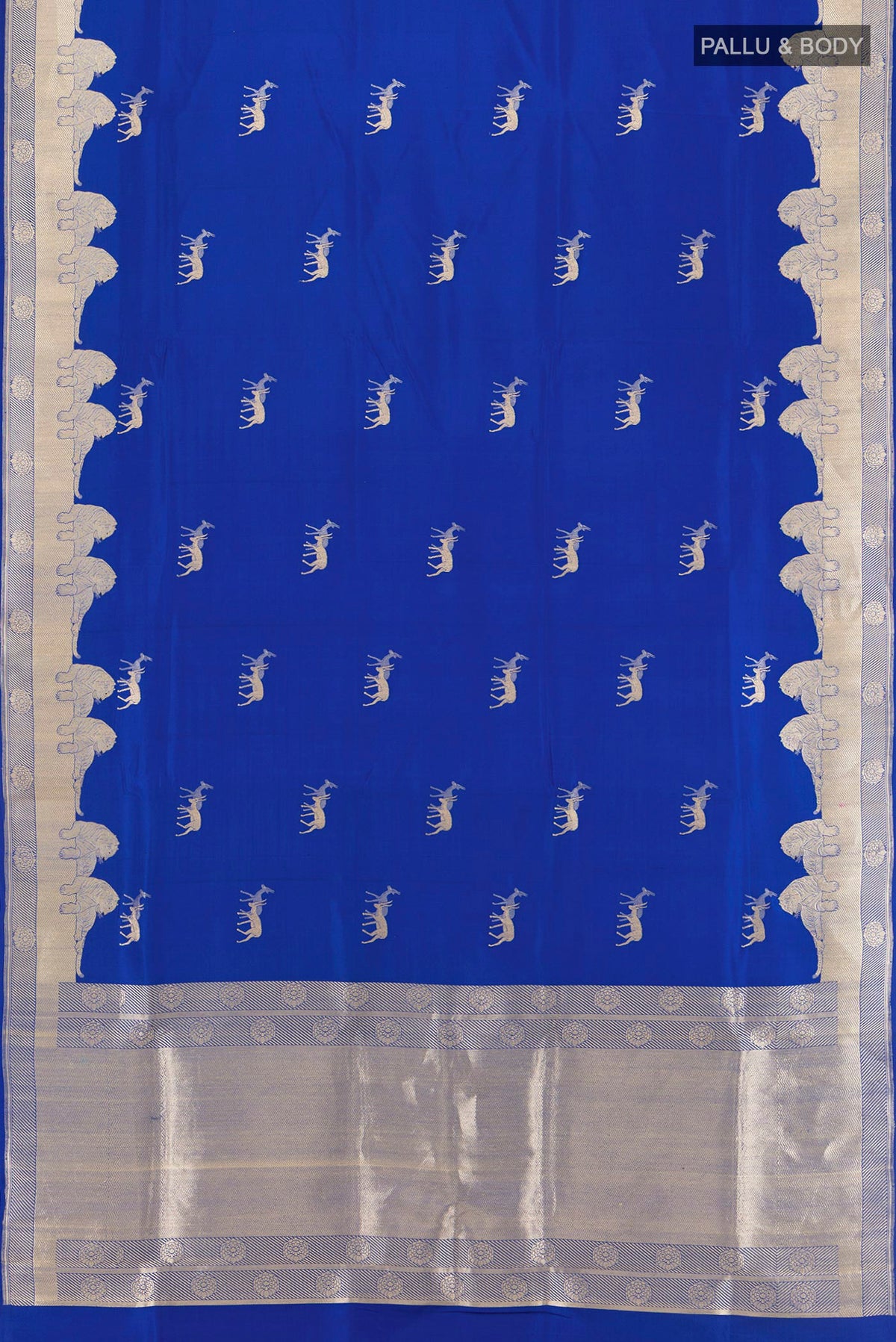 Flat view of Royal Blue Banarasi Silk Saree with Zari Butta on the body and Zari Border. 