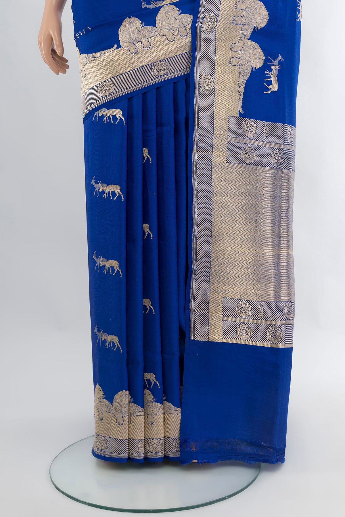 Pleats and pallu of Royal Blue Banarasi Silk Saree with Zari Butta on the body and Zari Border. 