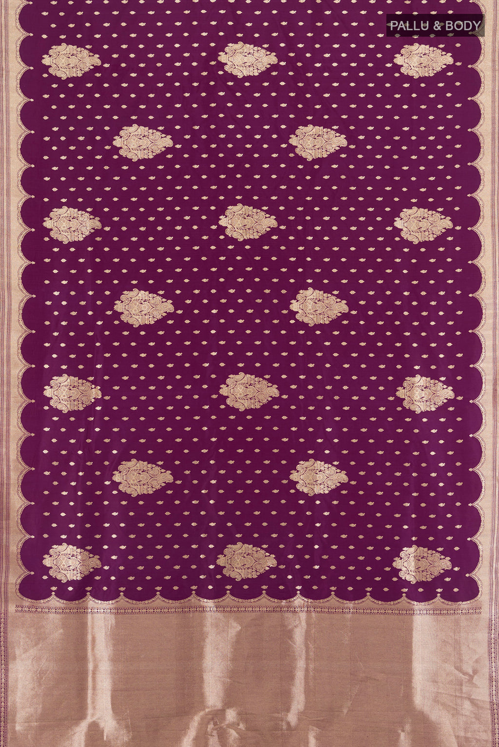 Flat view of Violet Banarasi Katan Silk Saree with Zari Butta on the body and Silk Border. 