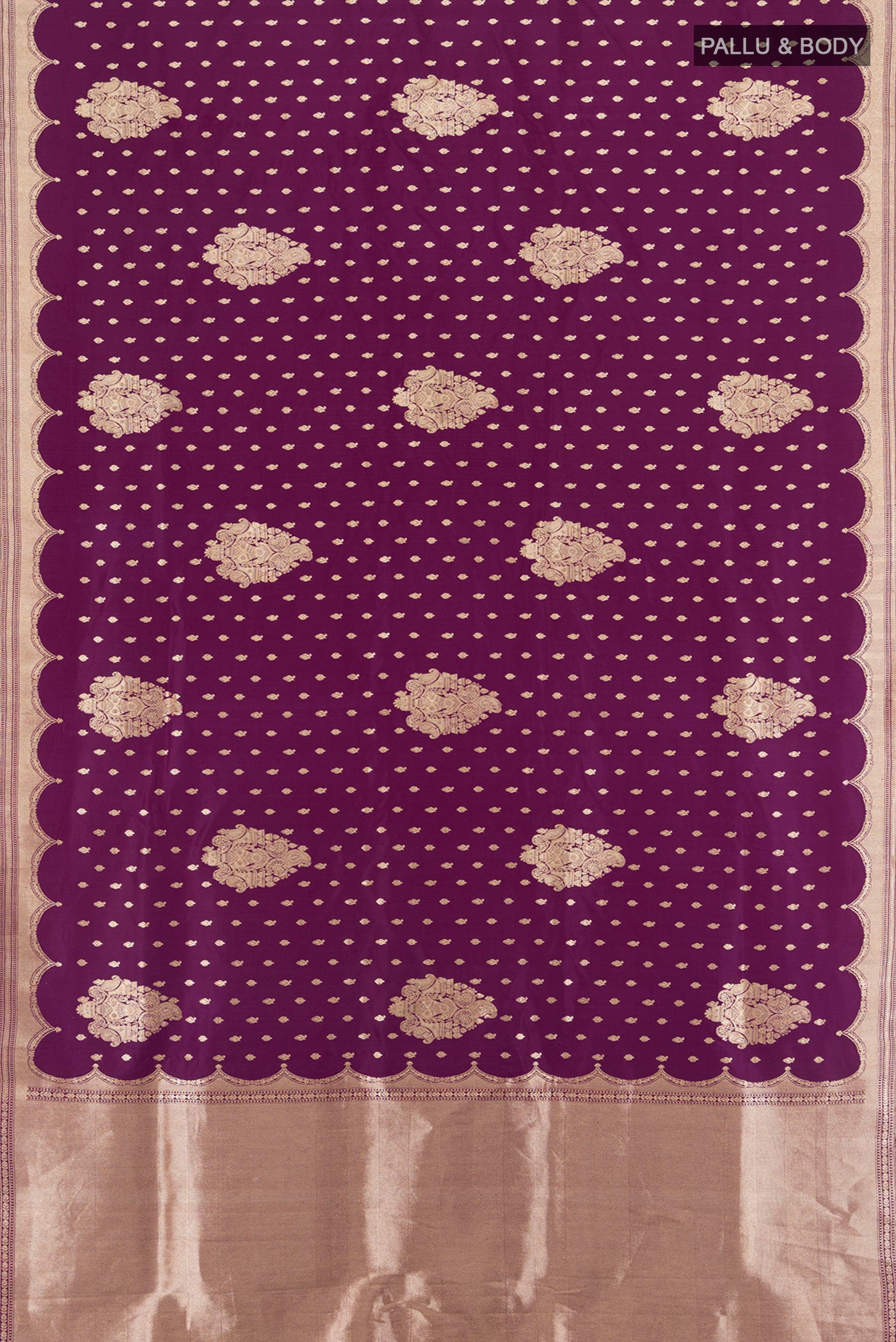 Flat view of Violet Banarasi Katan Silk Saree with Zari Butta on the body and Silk Border. 