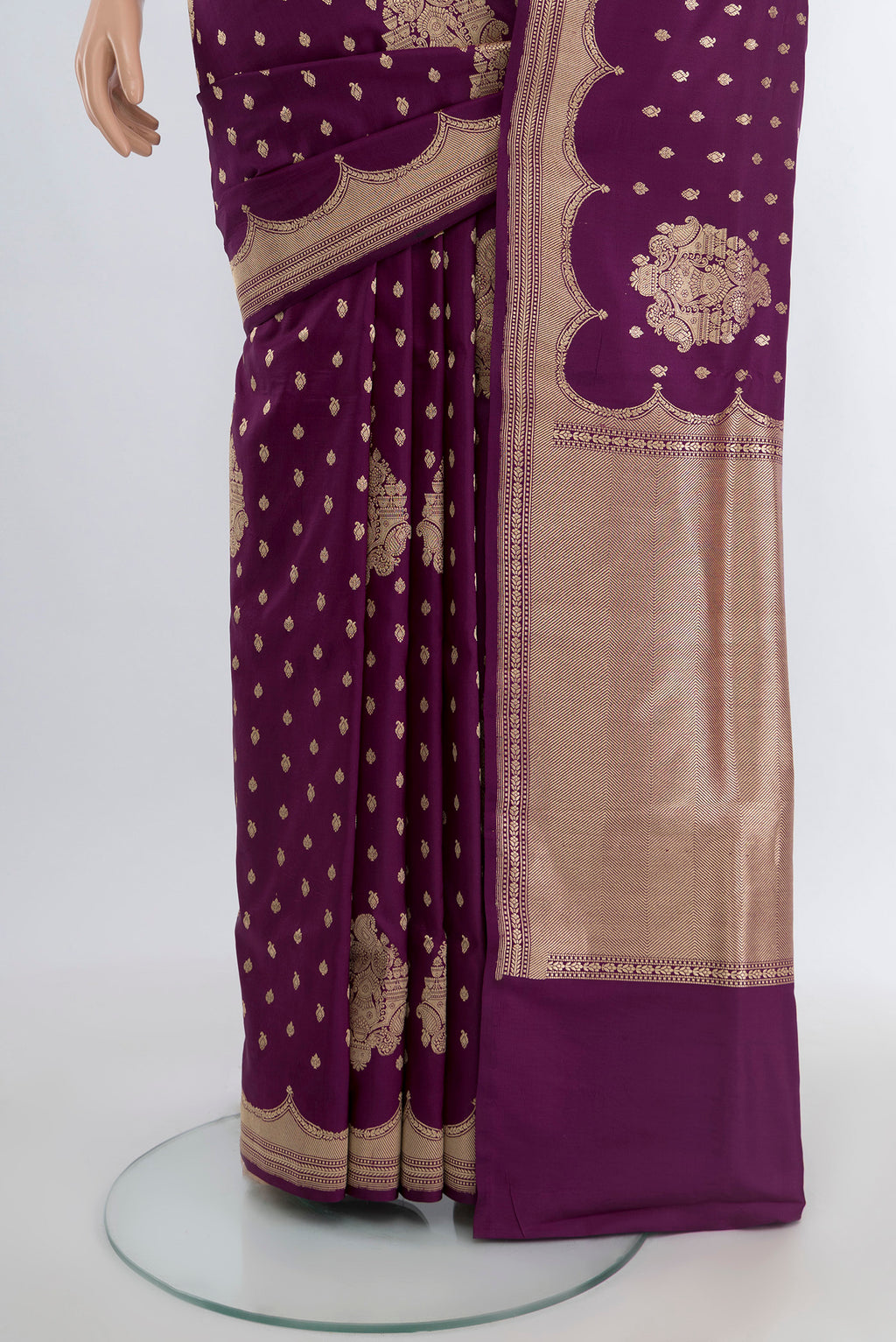 Pleats and pallu of Violet Banarasi Katan Silk Saree with Zari Butta on the body and Silk Border. 