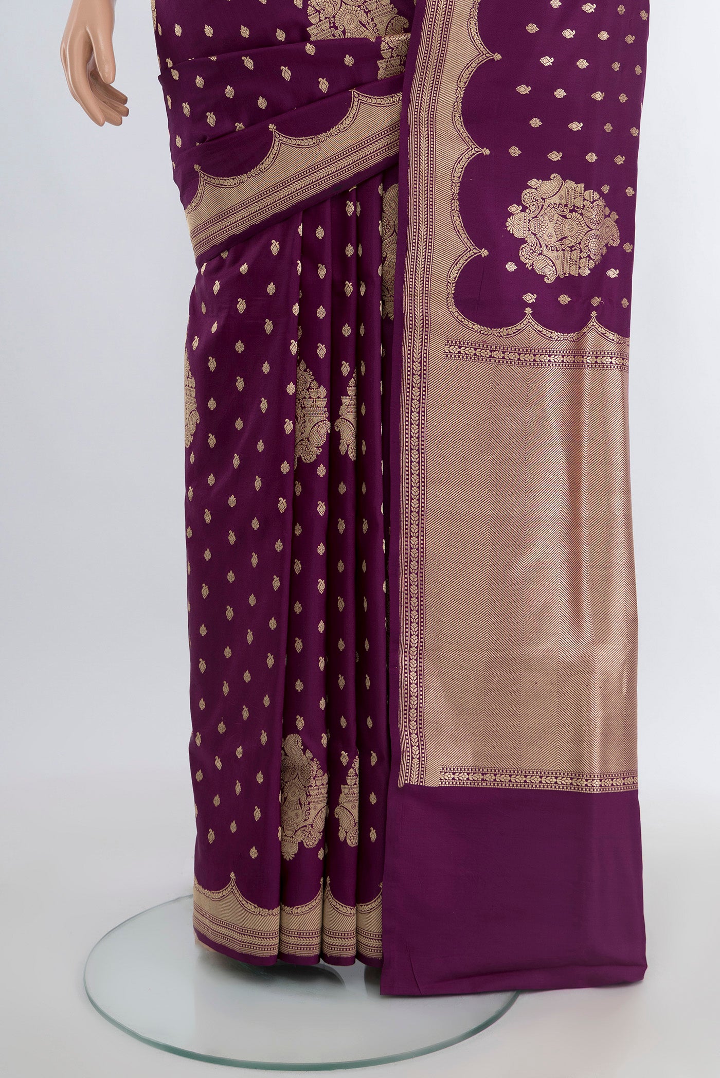 Pleats and pallu of Violet Banarasi Katan Silk Saree with Zari Butta on the body and Silk Border. 