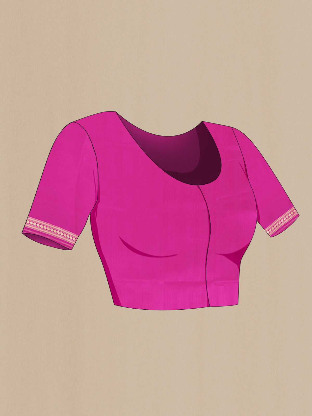 Close up image of the blouse of Magenta Banarasi Silk Saree with Zari Butta on the body and Zari Border. 